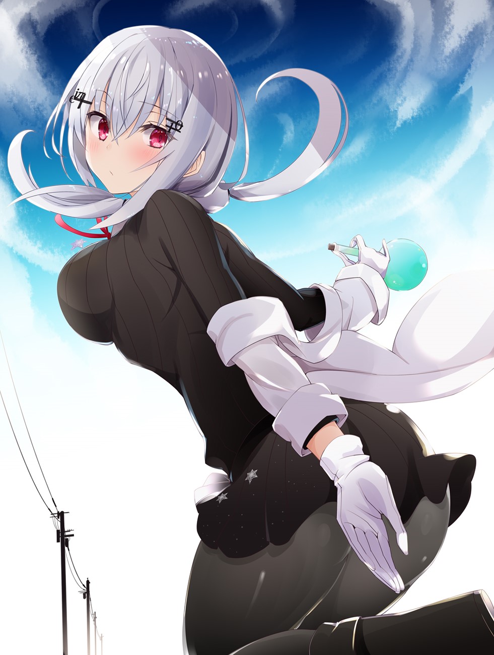 Anime girl with white hair holding a potion HD Phone Wallpaper
