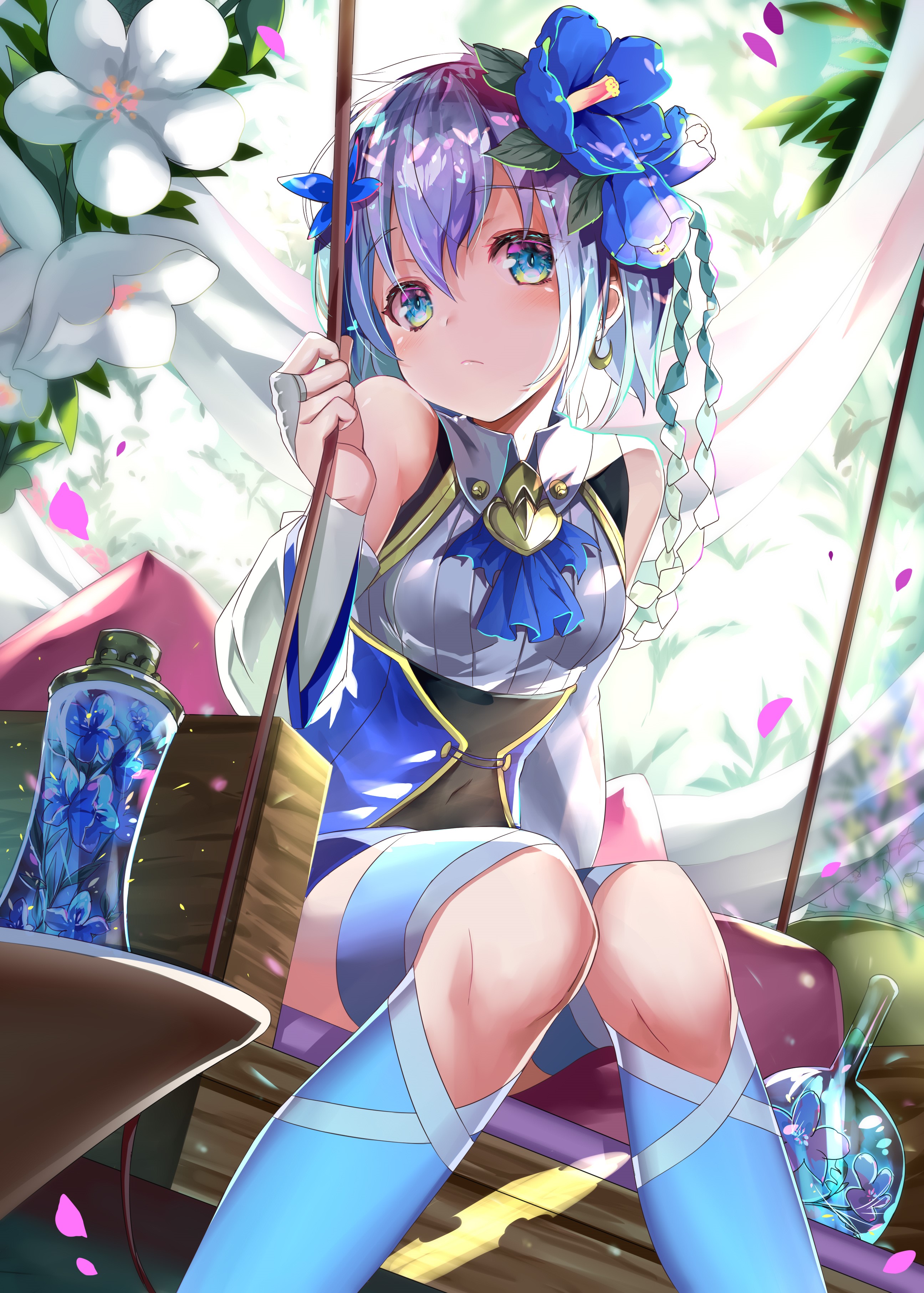 Anime girl with blue flowers in hair on a swing HD Phone Wallpaper