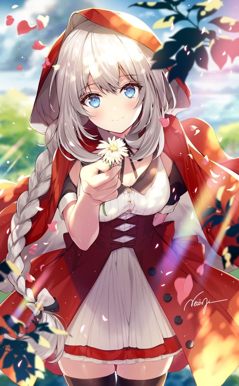 Anime girl in red hood holding a flower HD Phone Wallpaper