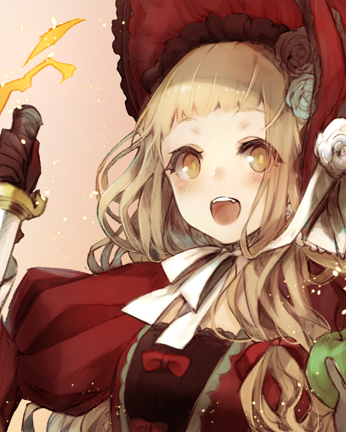 Anime girl in red dress holding a knife HD Phone Wallpaper
