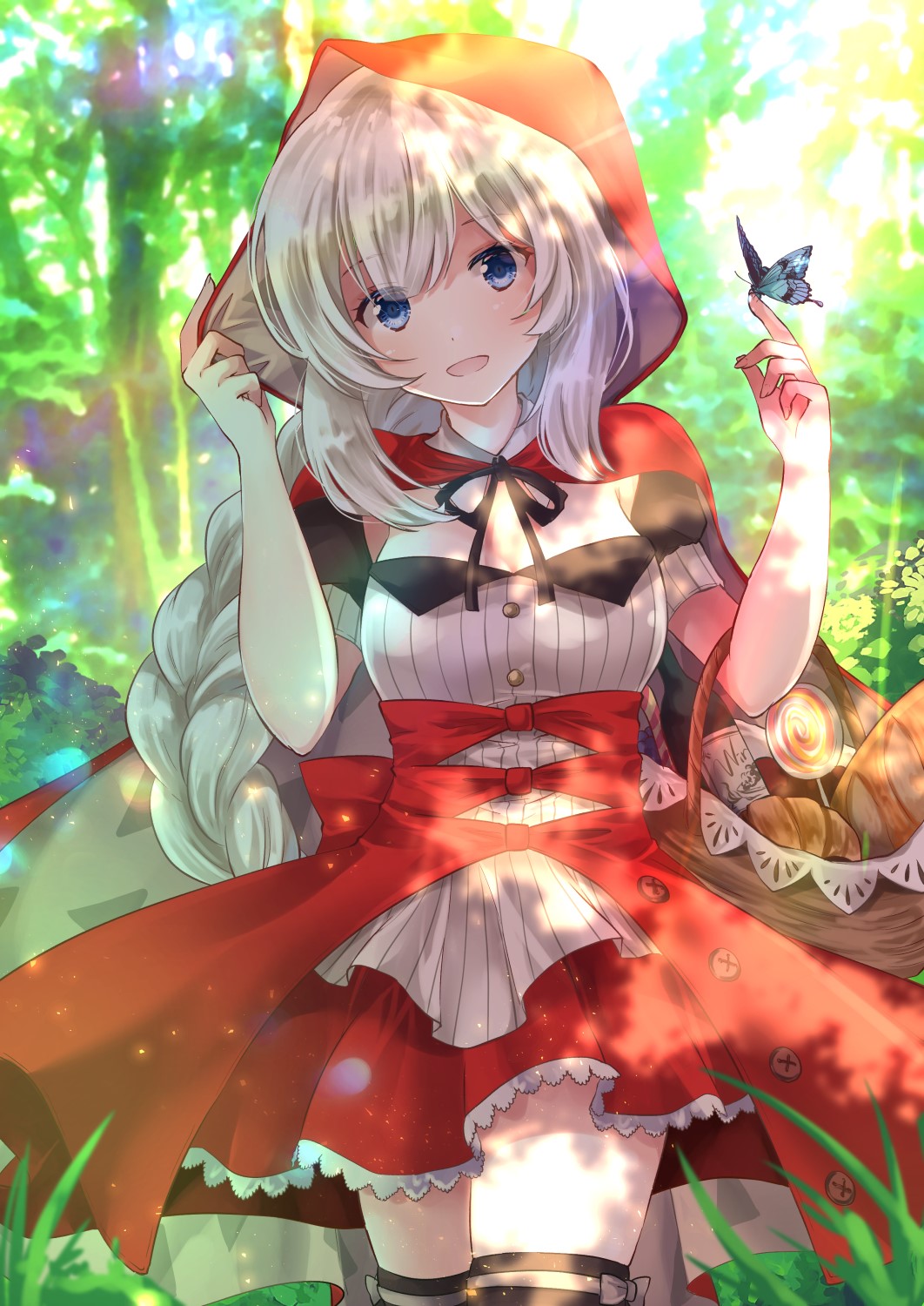 Anime girl in red hood with butterfly HD Phone Wallpaper