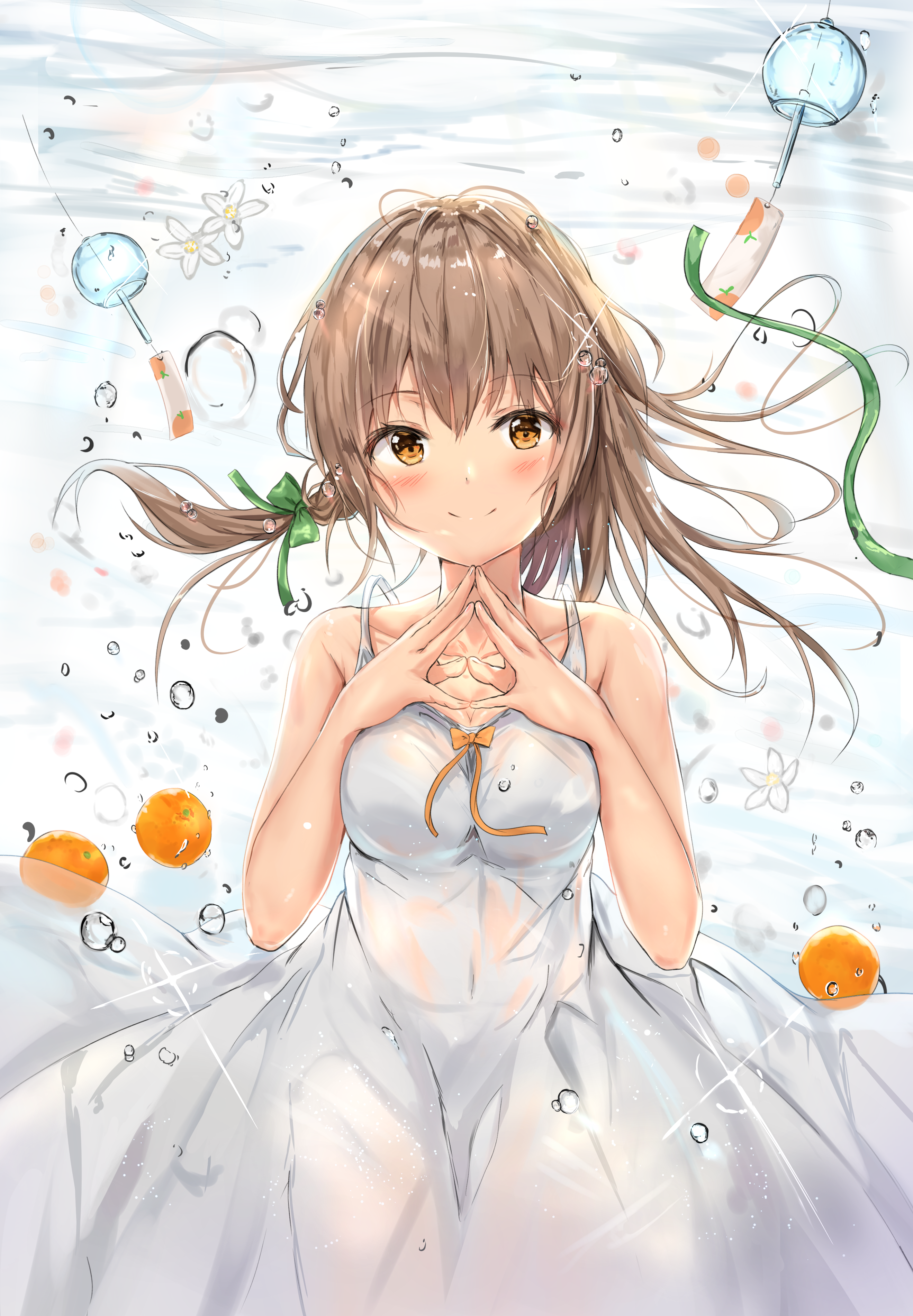 Anime girl in white dress underwater with oranges HD Phone Wallpaper