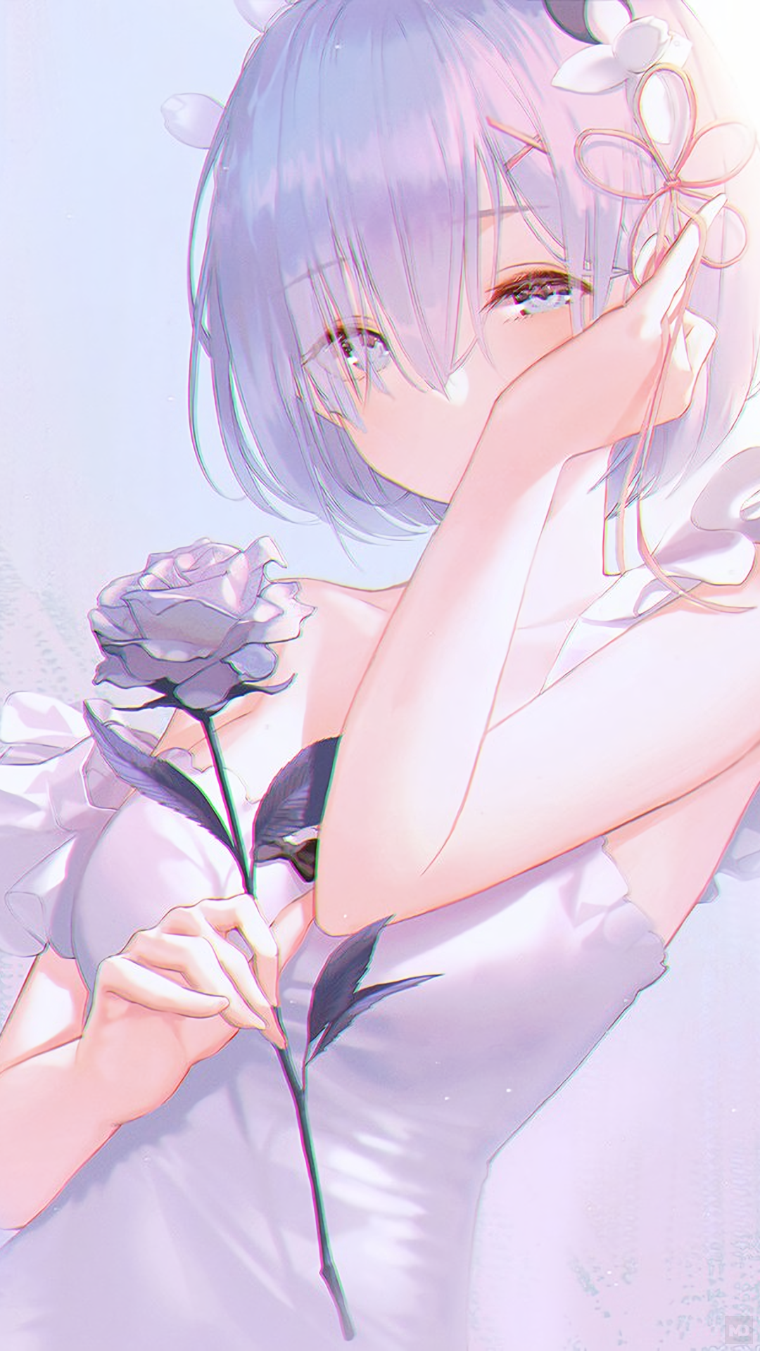 Rem from Re:Zero holding a rose HD Phone Wallpaper