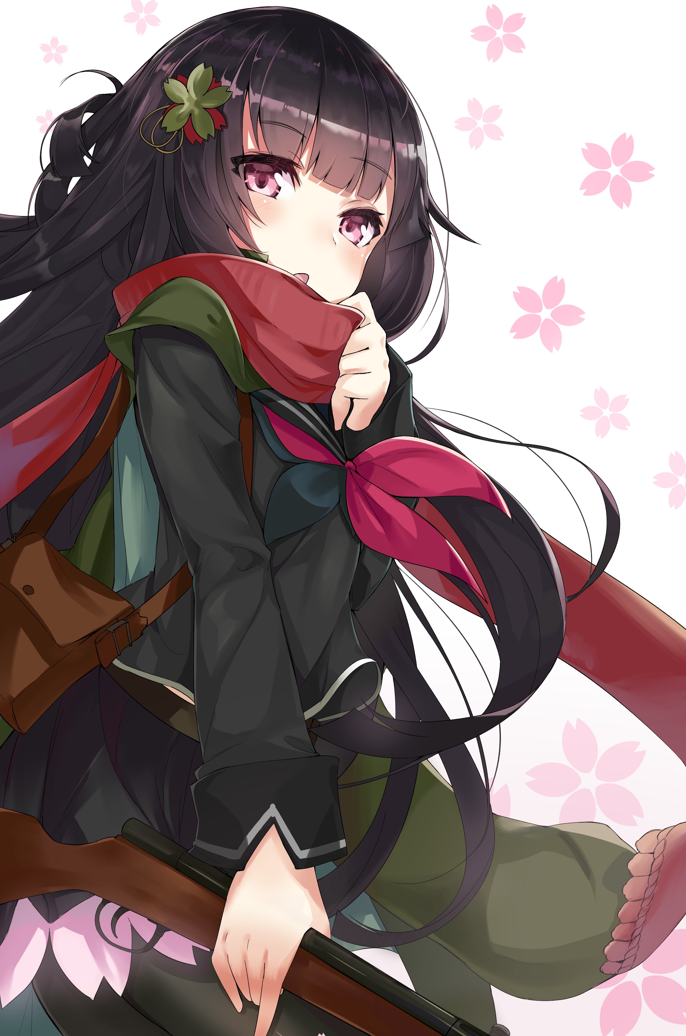 Anime girl with rifle and red scarf HD Phone Wallpaper