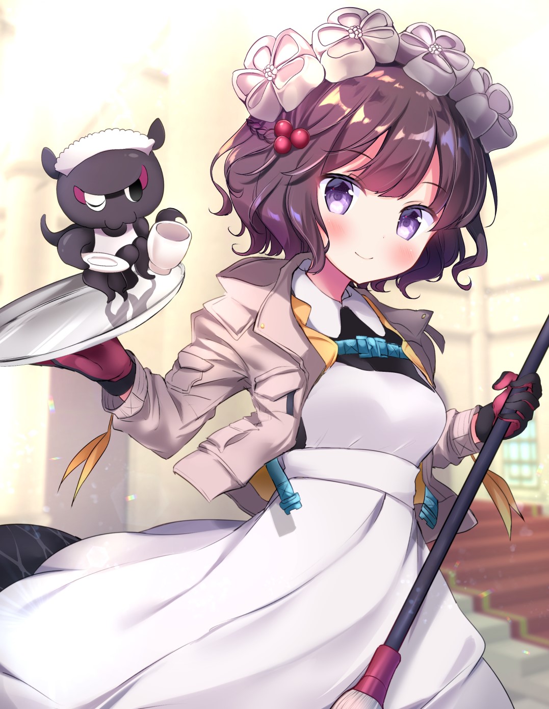 Anime girl with a maid outfit and a creature HD Phone Wallpaper