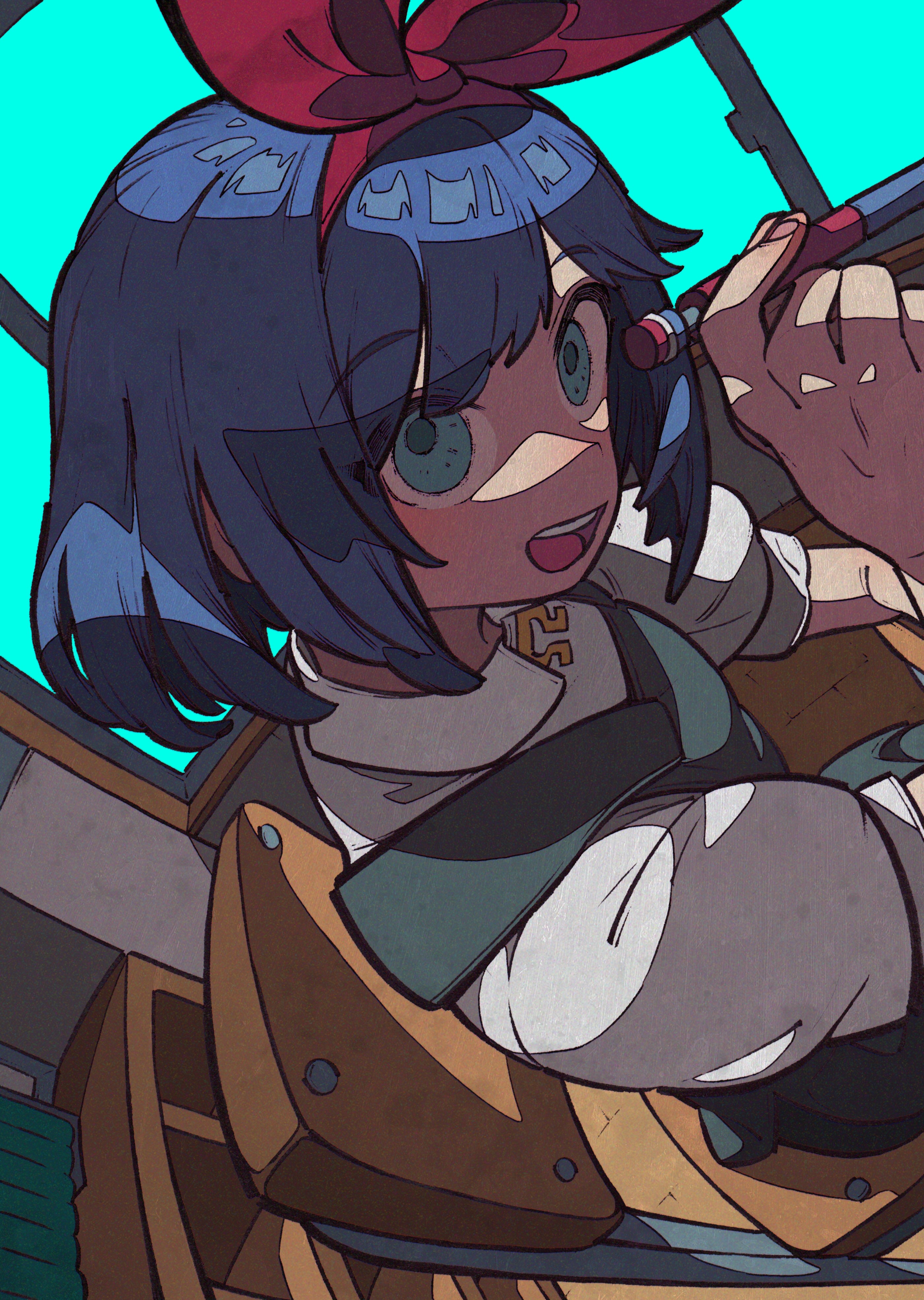 Anime girl with blue hair and red bow HD Phone Wallpaper