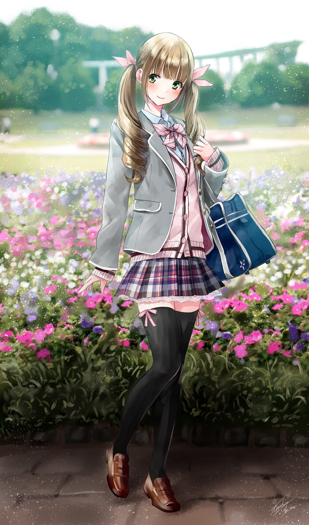 Anime girl with pigtails in school uniform HD Phone Wallpaper