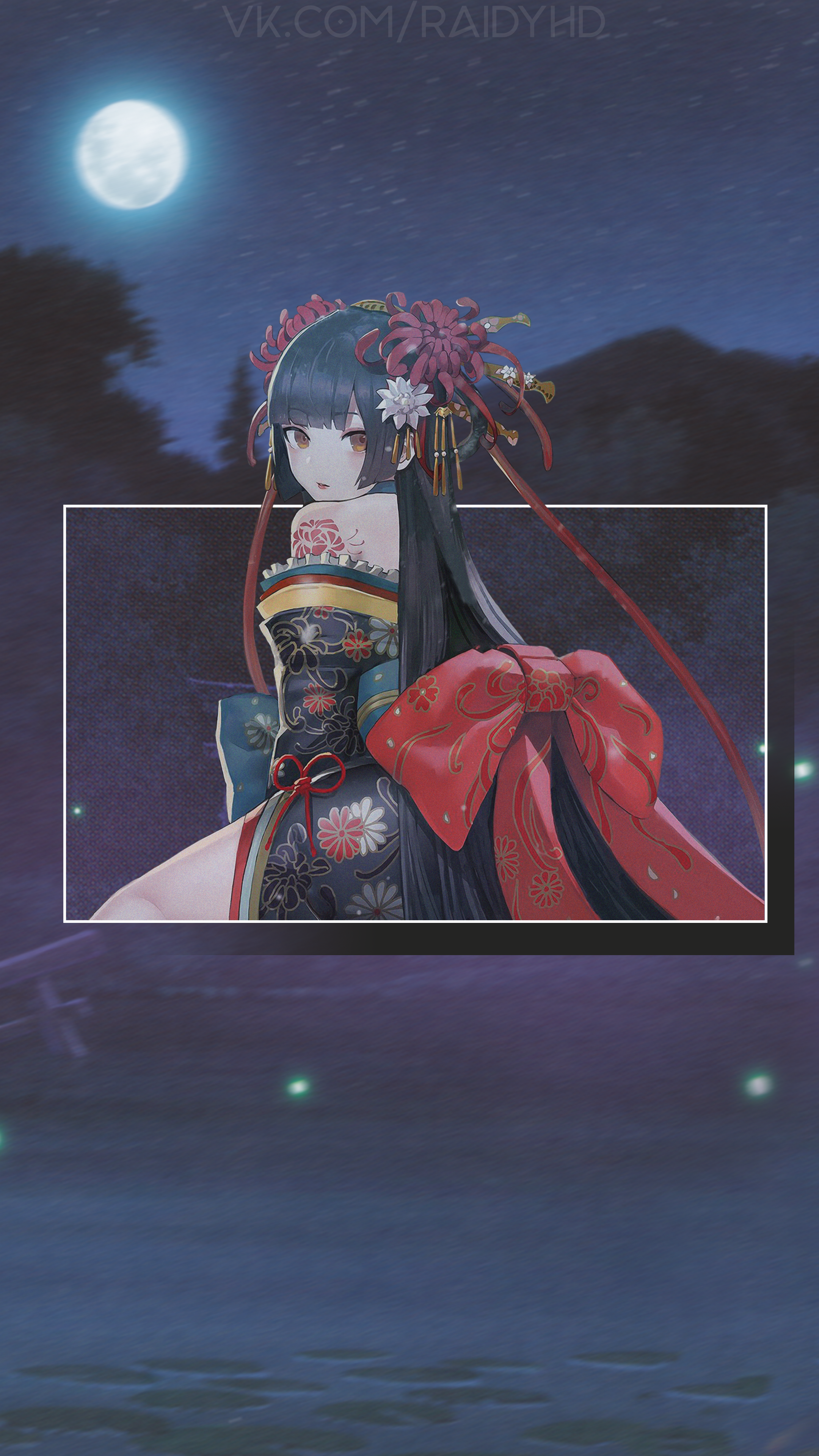 Anime girl in kimono under the moon HD Phone Wallpaper