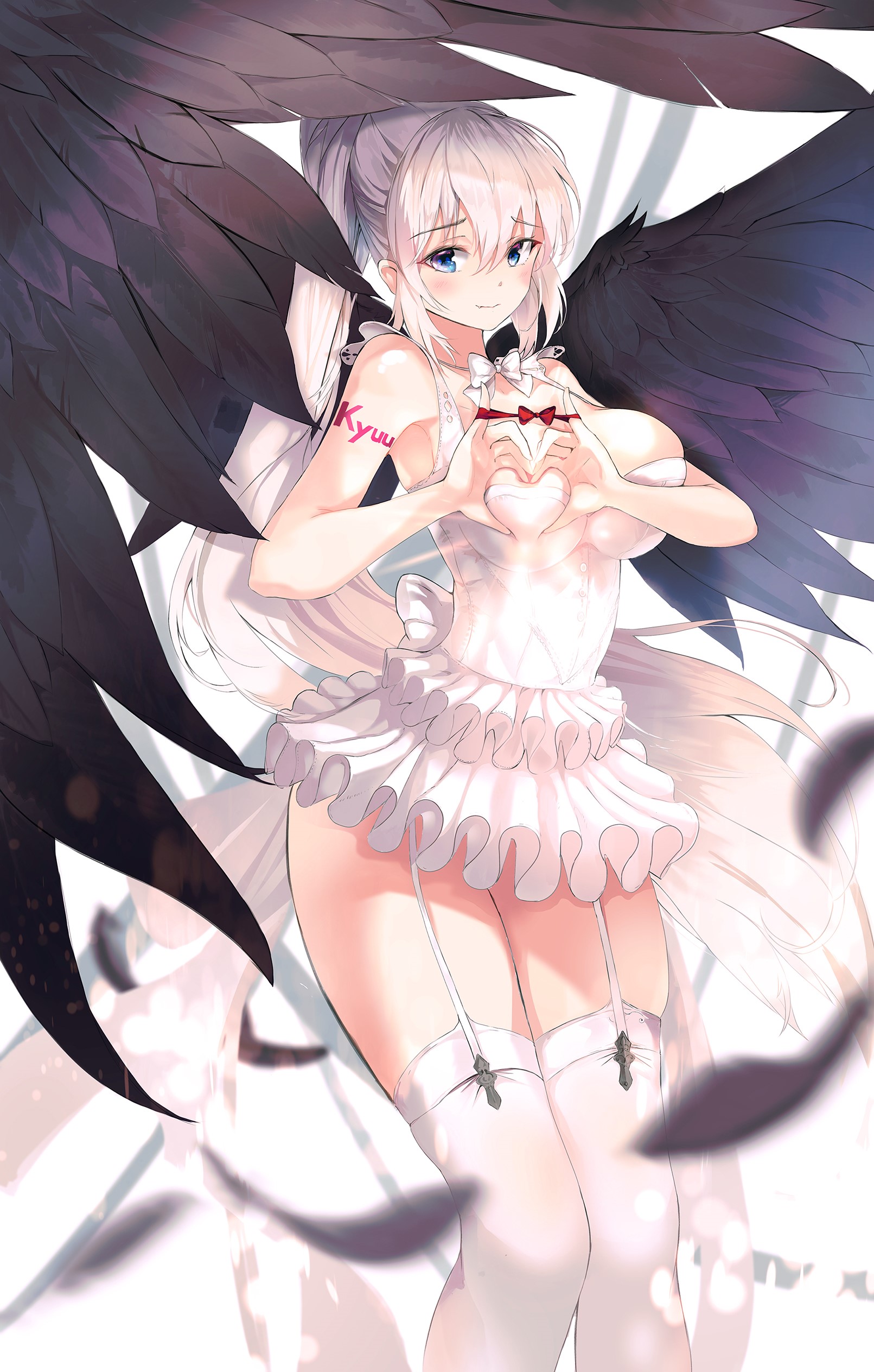 Anime girl with black wings making heart shape HD Phone Wallpaper