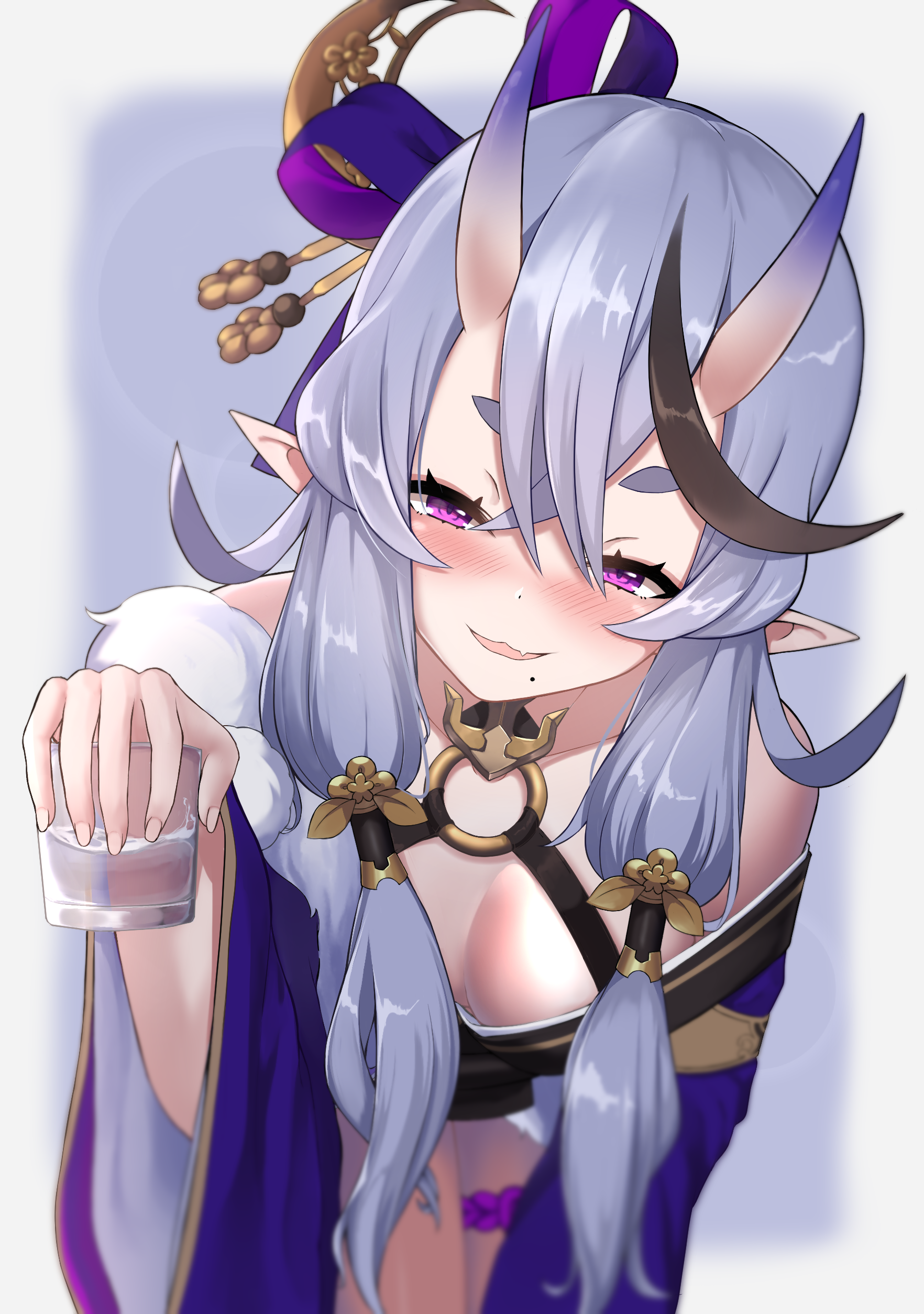 Anime girl with horns holding a drink HD Phone Wallpaper