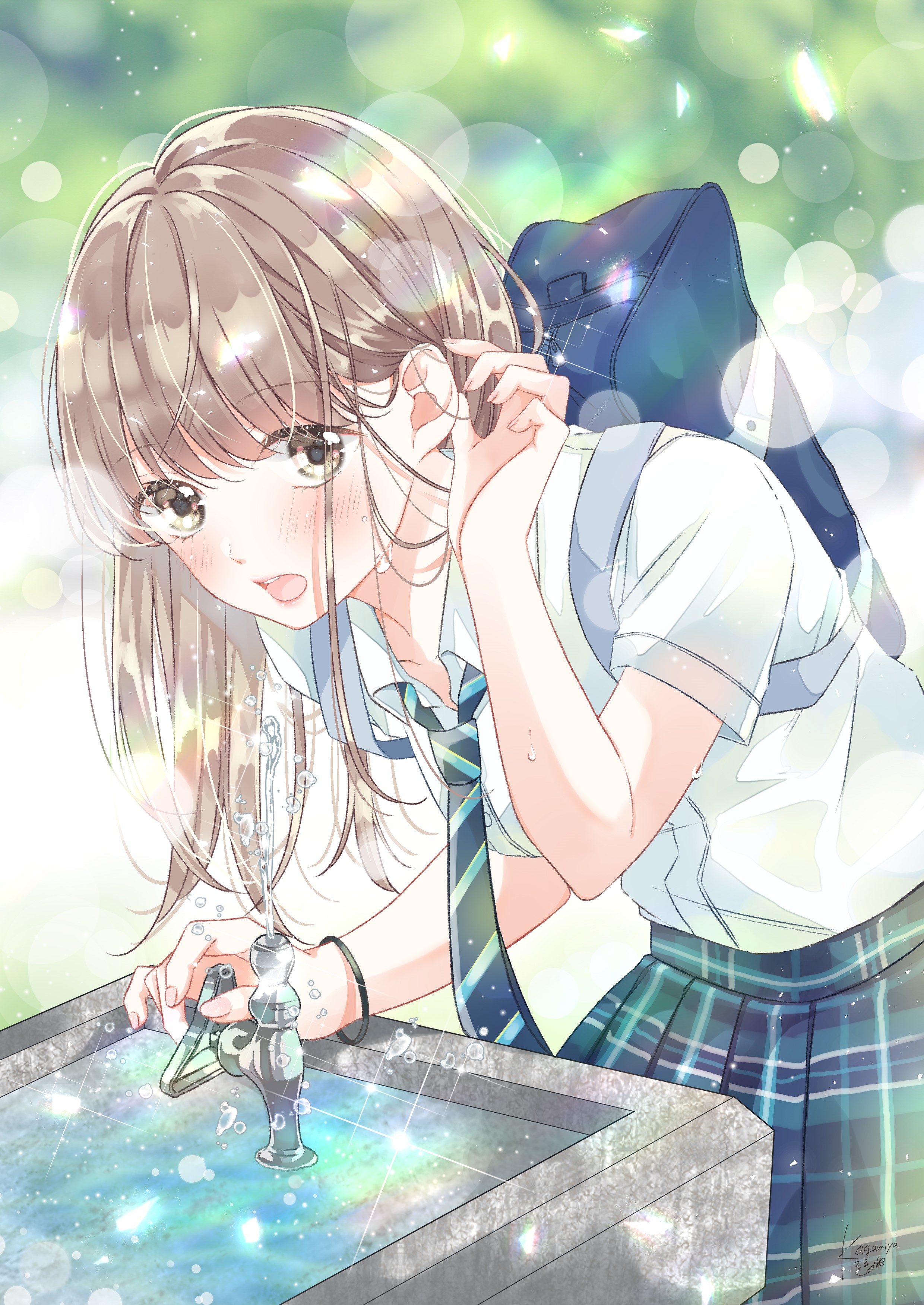 Anime girl drinking water from a fountain HD Phone Wallpaper