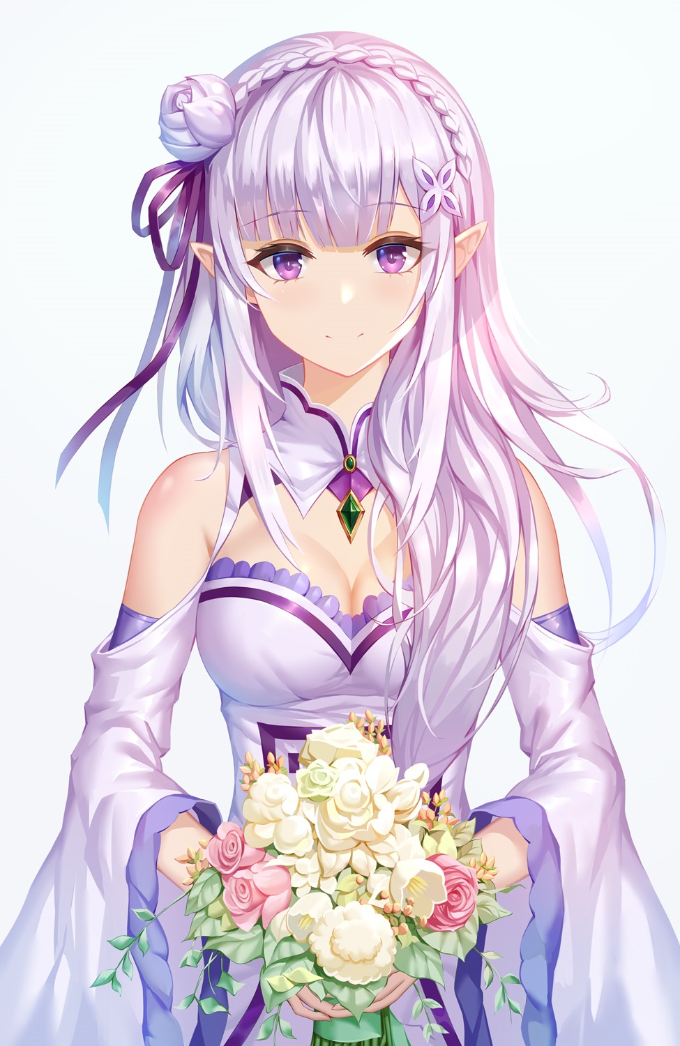 Emilia from Re:Zero holding a bouquet HD Phone Wallpaper