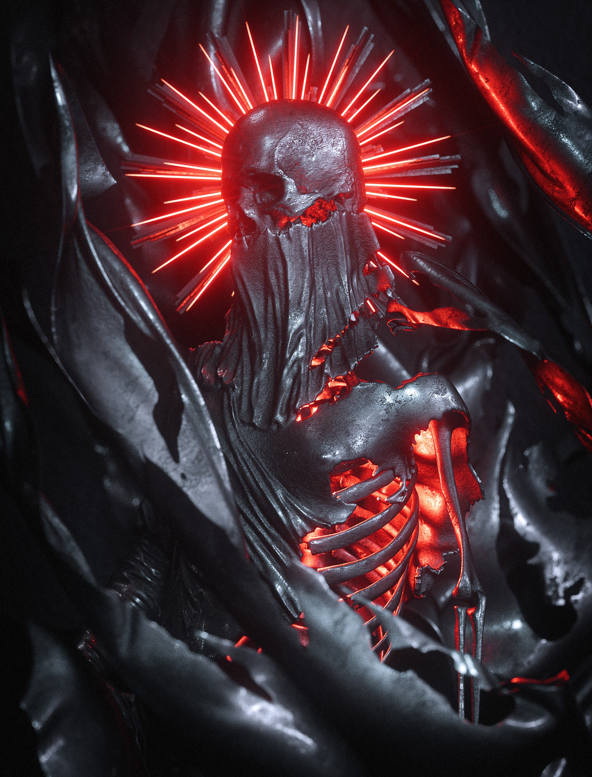 Dark Cult Skull with Red Neon Halo HD Phone Wallpaper