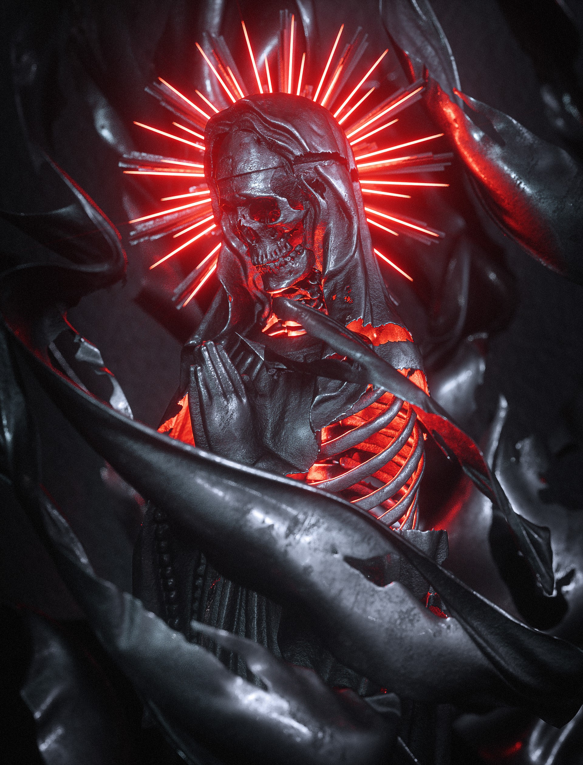 Dark 3D Artwork of a Skeleton with Red Halo HD Phone Wallpaper