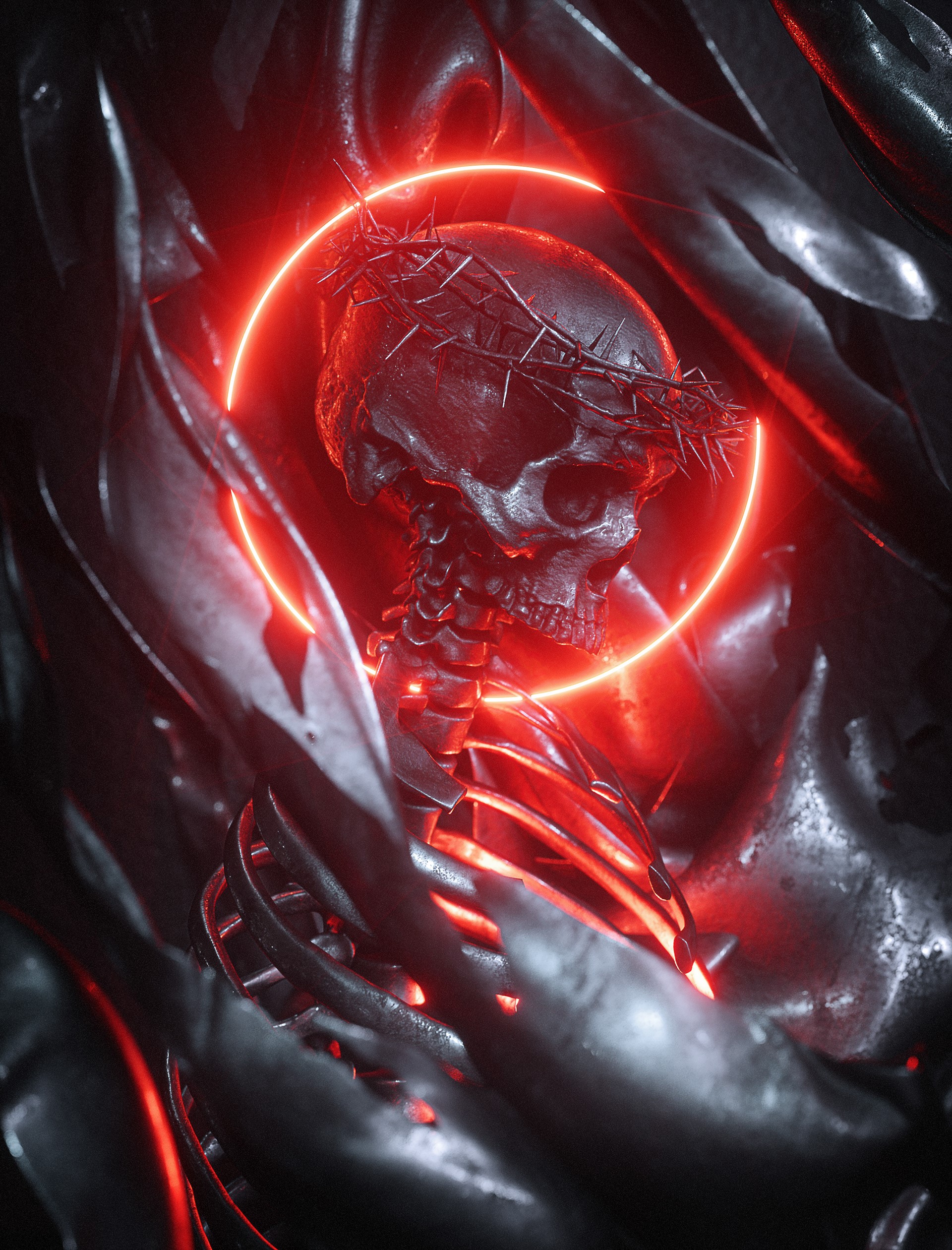 3D Artwork of a Skeleton with a Crown of Thorns and Red Halo HD Phone Wallpaper