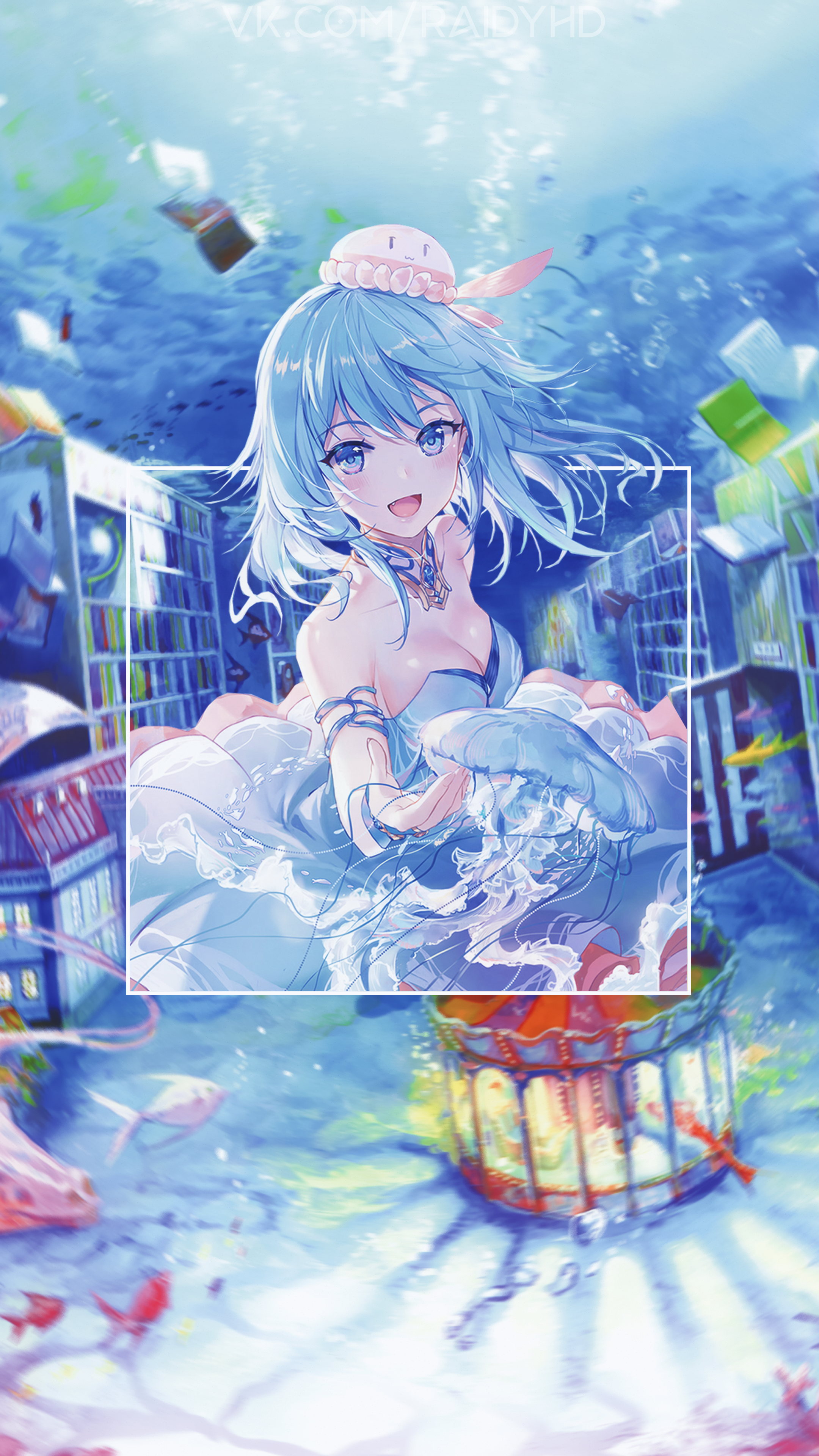 Anime girl in a blue dress underwater with books HD Phone Wallpaper