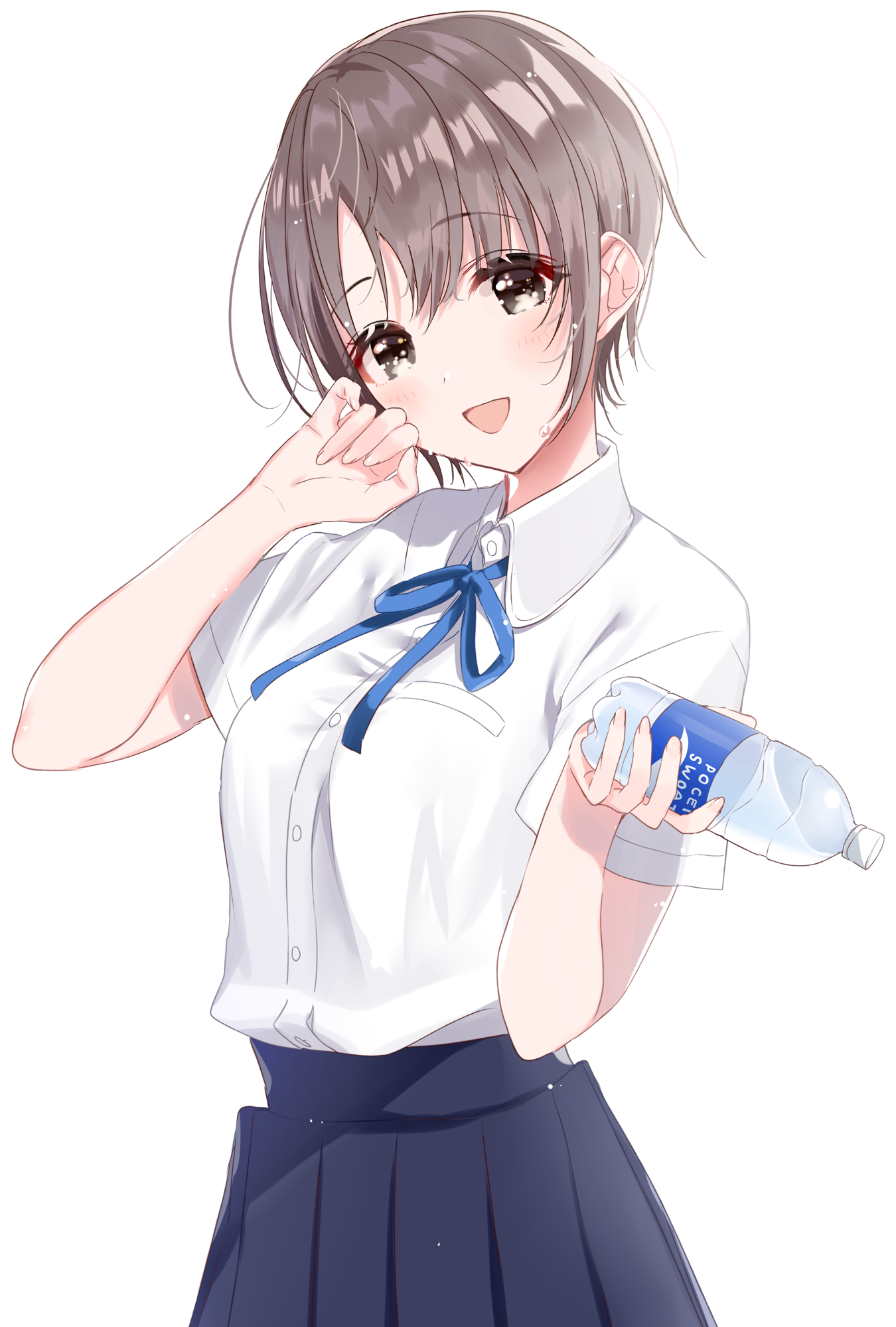 Anime girl in school uniform holding a drink HD Phone Wallpaper
