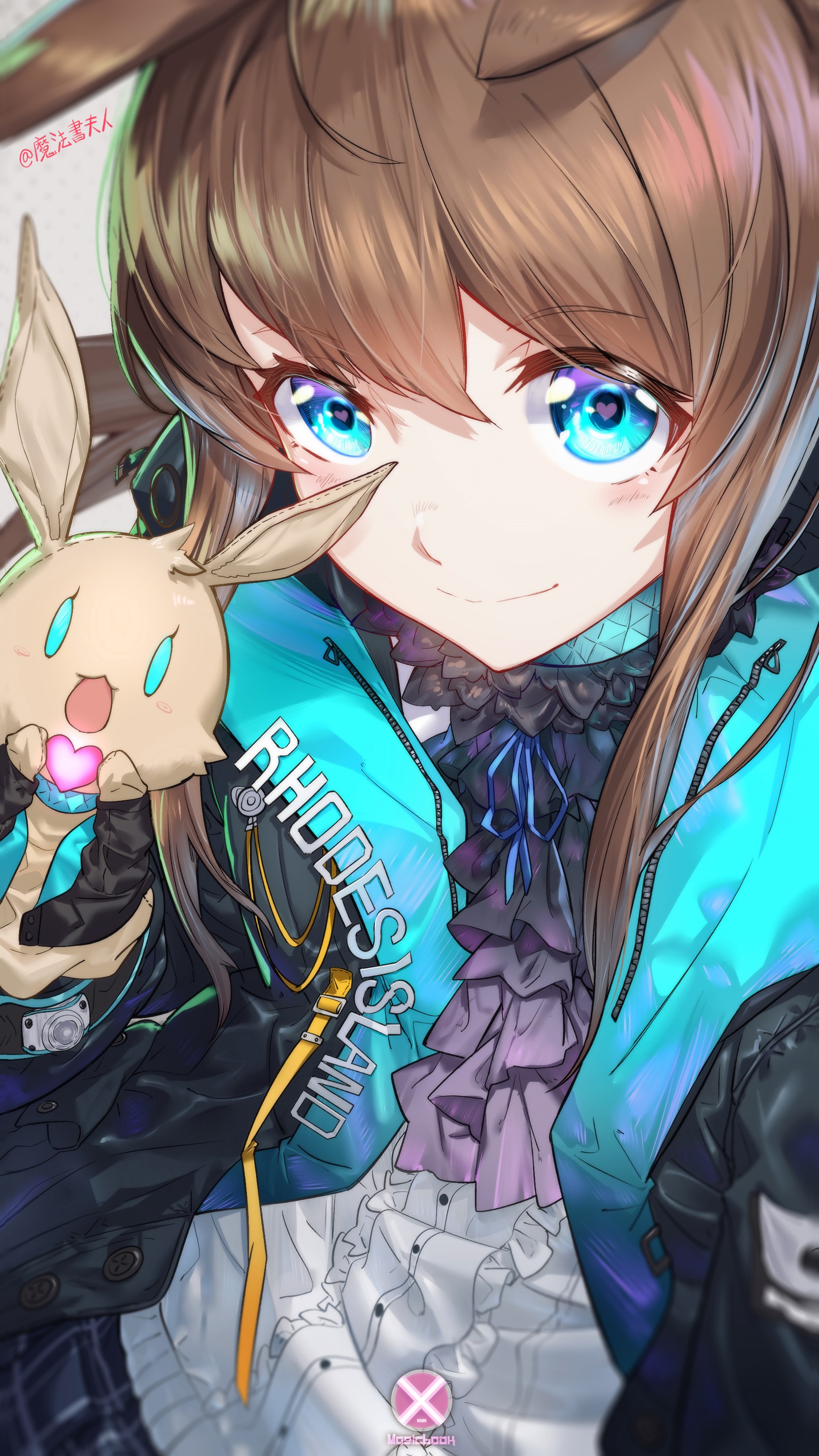Anime girl with blue eyes and bunny plush from Arknights HD Phone Wallpaper