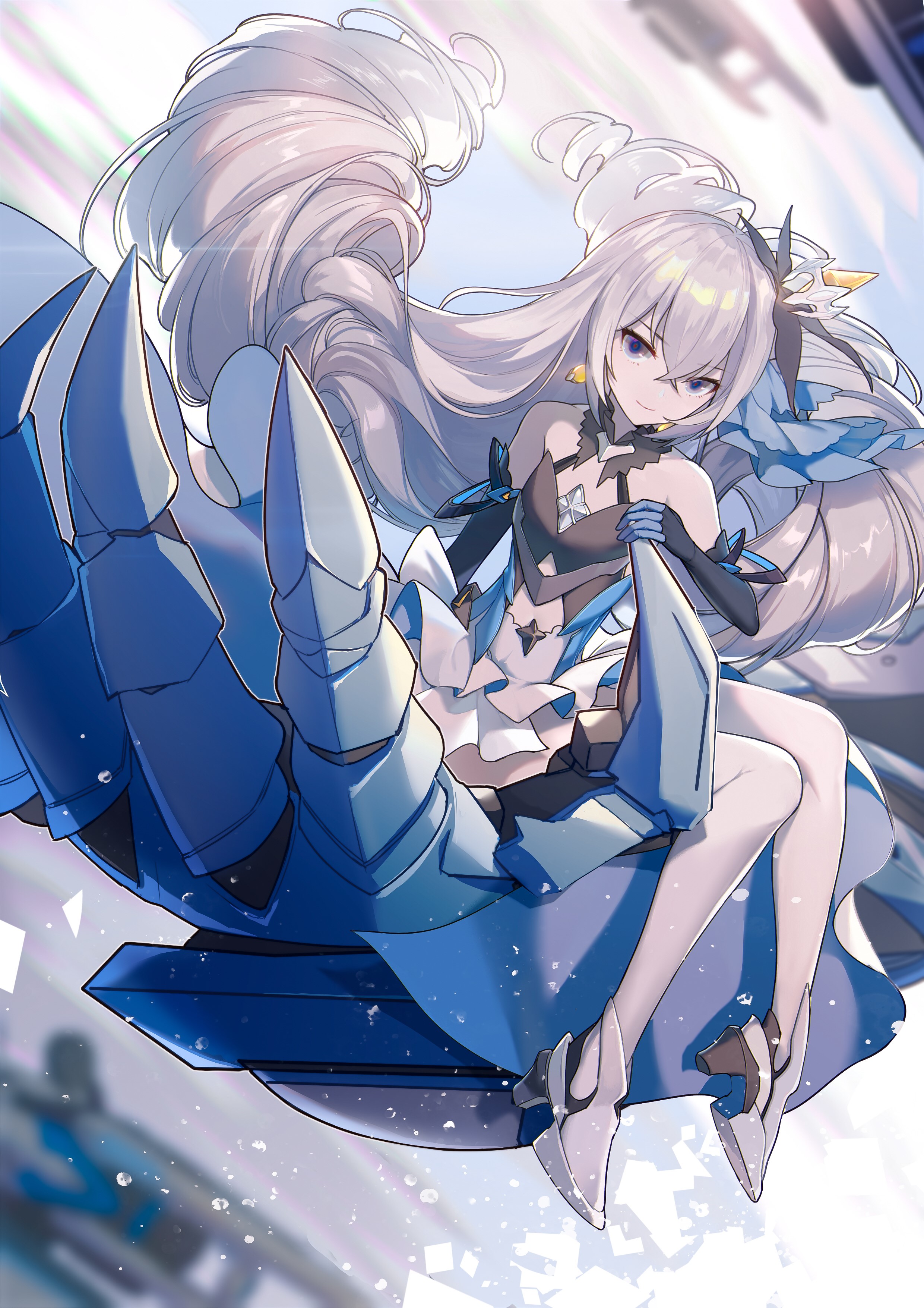 Anime girl with long white hair sitting on a blue mechanical creature HD Phone Wallpaper
