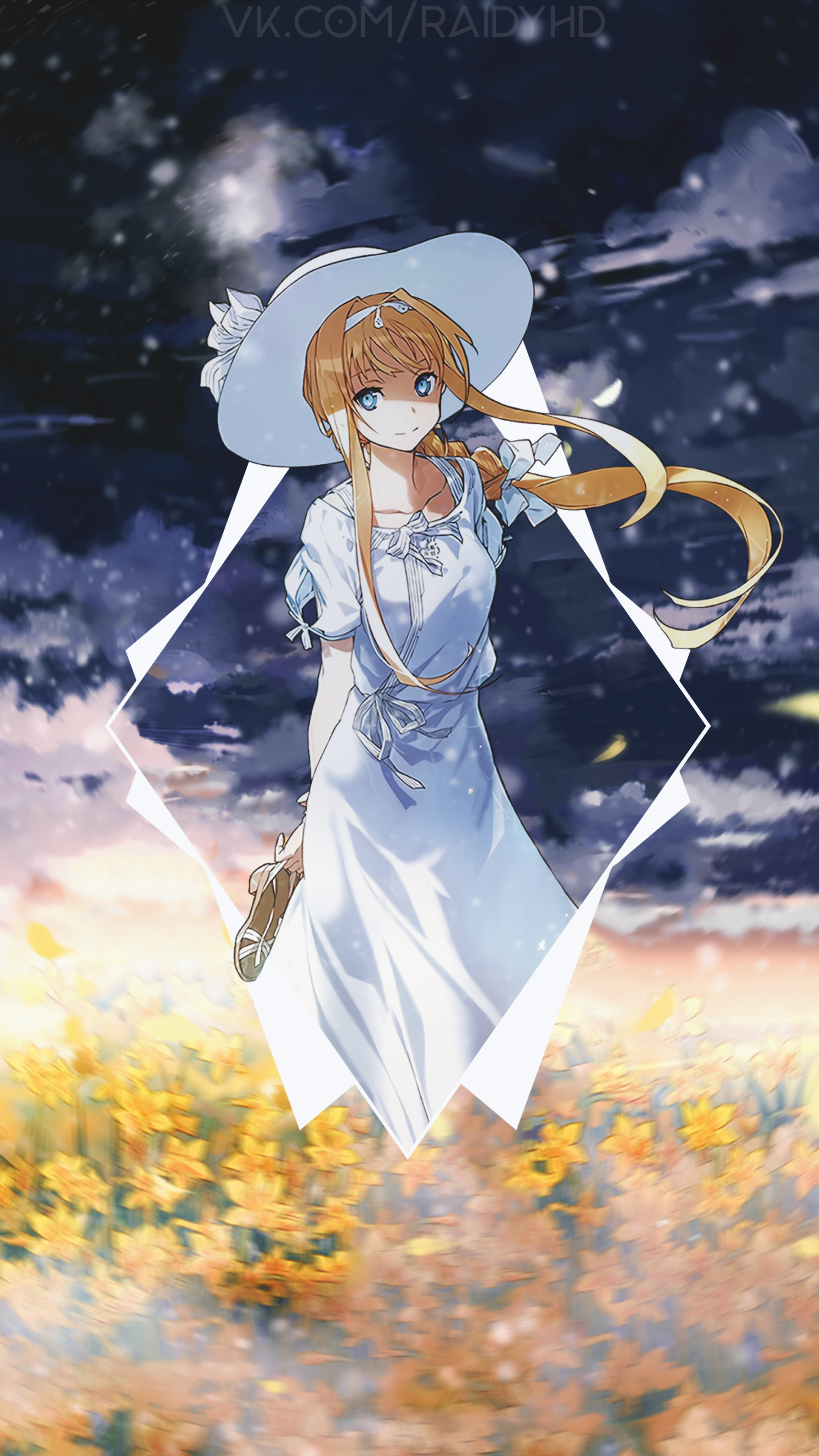 Anime girl in white dress and hat in a field of flowers HD Phone Wallpaper
