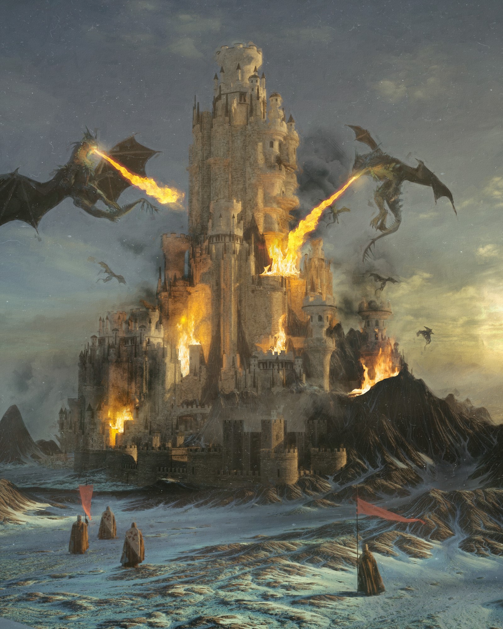 Dragons attacking a burning castle HD Phone Wallpaper