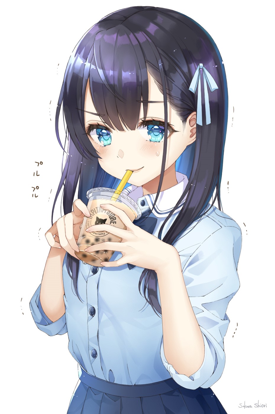 Anime girl with black hair drinking bubble tea HD Phone Wallpaper