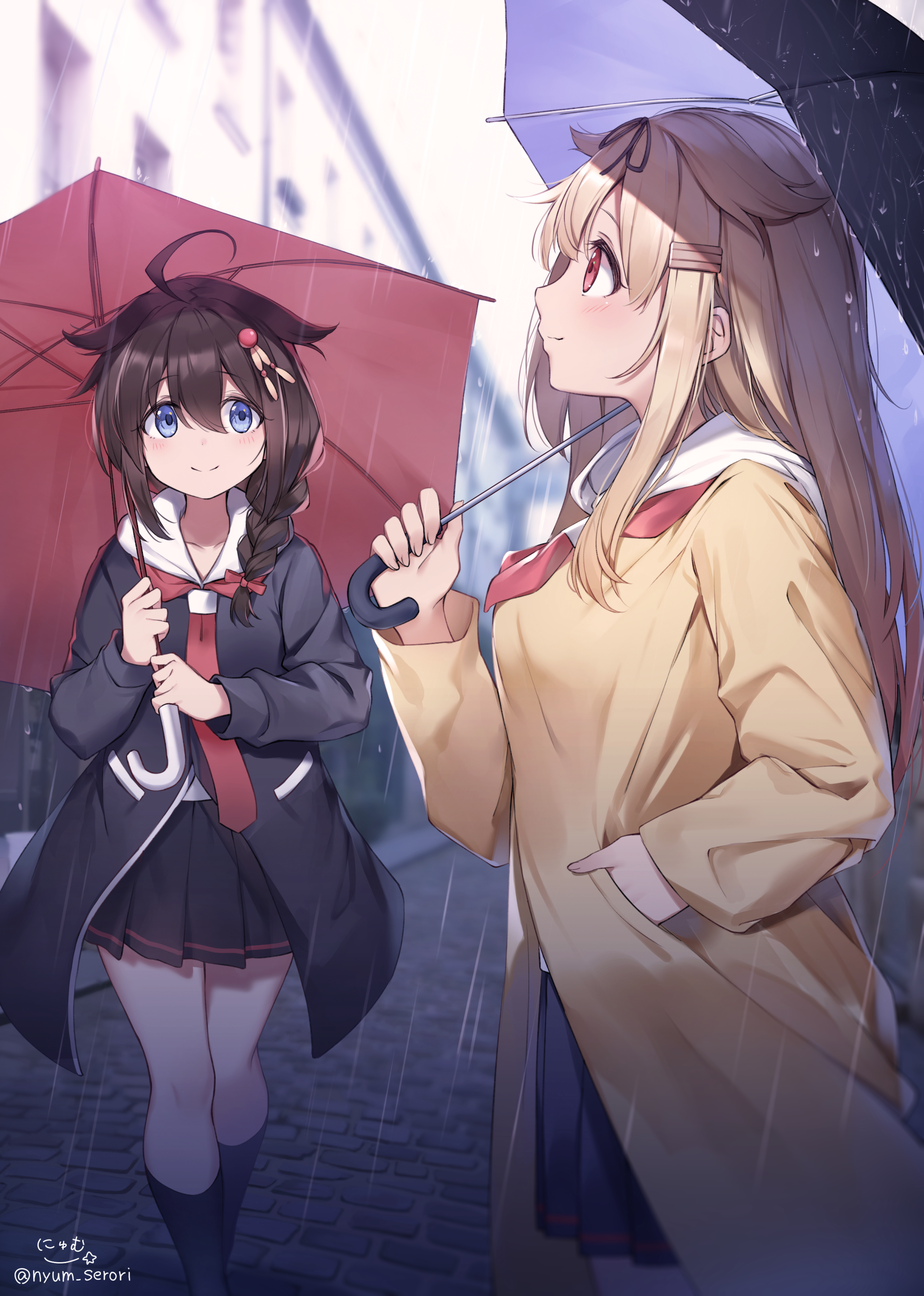 Two anime girls with umbrellas in the rain HD Phone Wallpaper