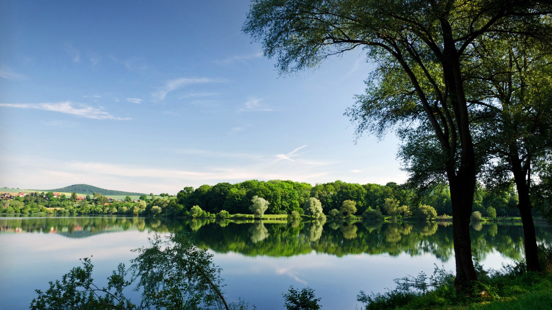 Lake with trees and reflections under a blue sky HD Wallpaper