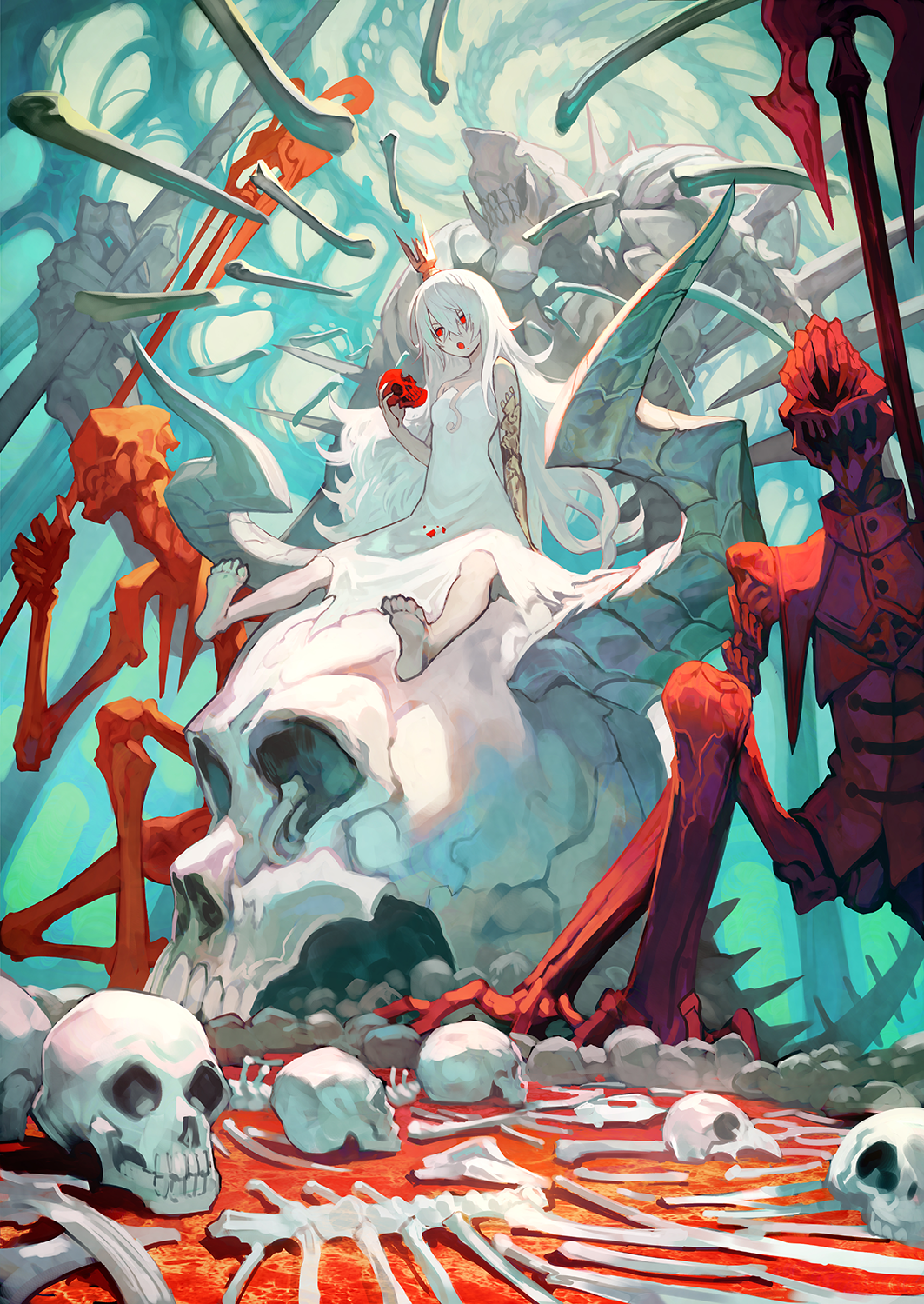 Girl with white hair and red eyes on a skull throne HD Phone Wallpaper