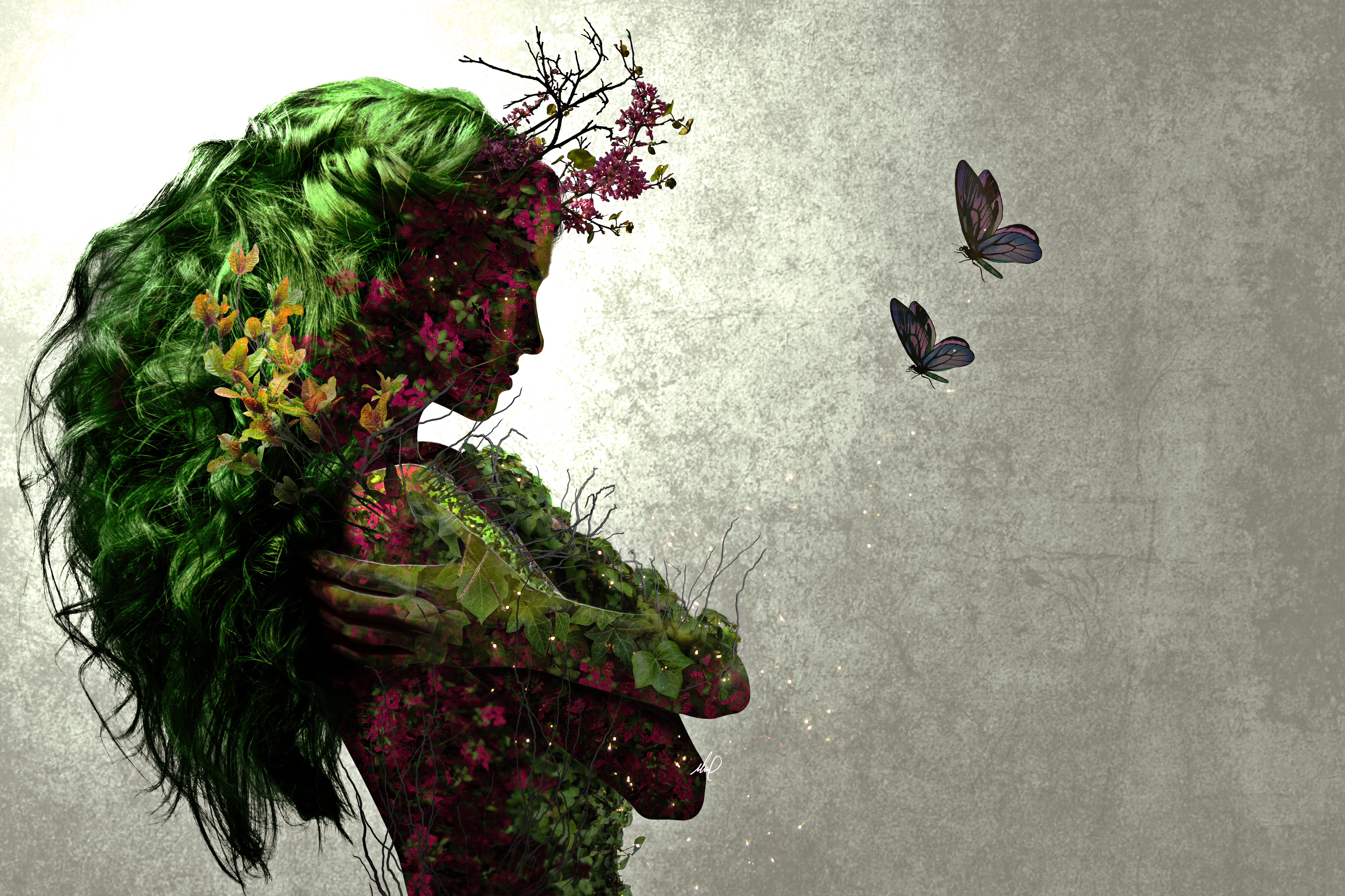Double exposure of a woman made of flowers and leaves with butterflies HD Wallpaper