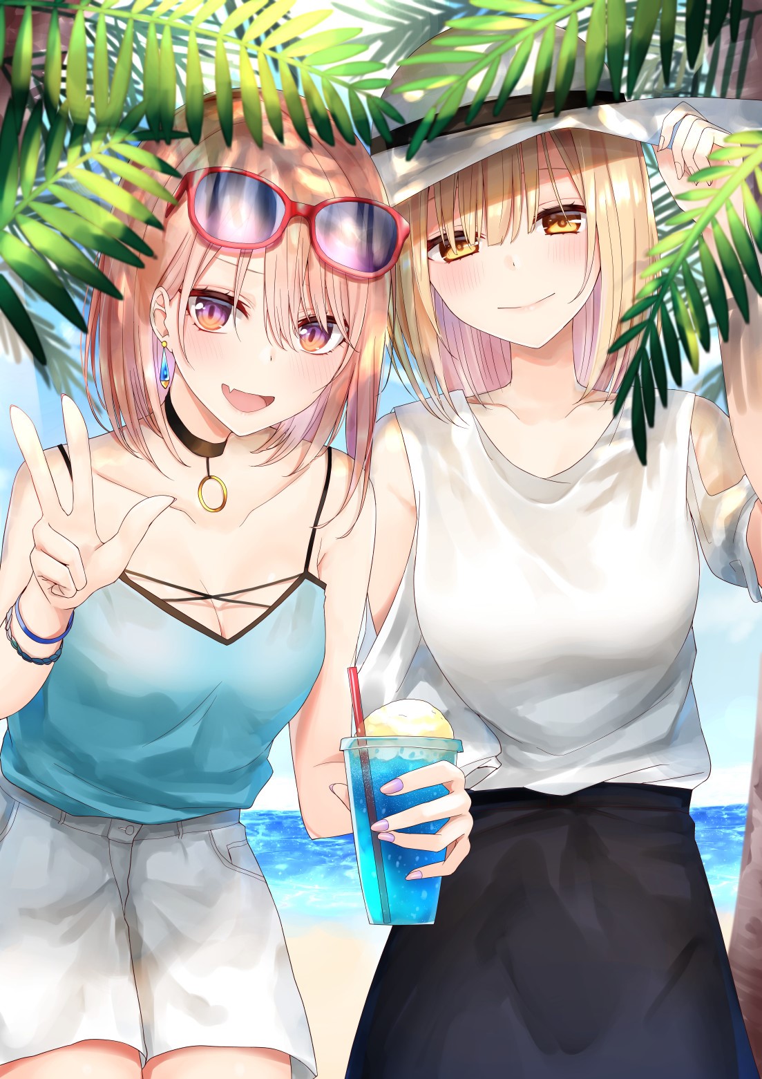 Two anime girls on a beach with palm leaves HD Phone Wallpaper