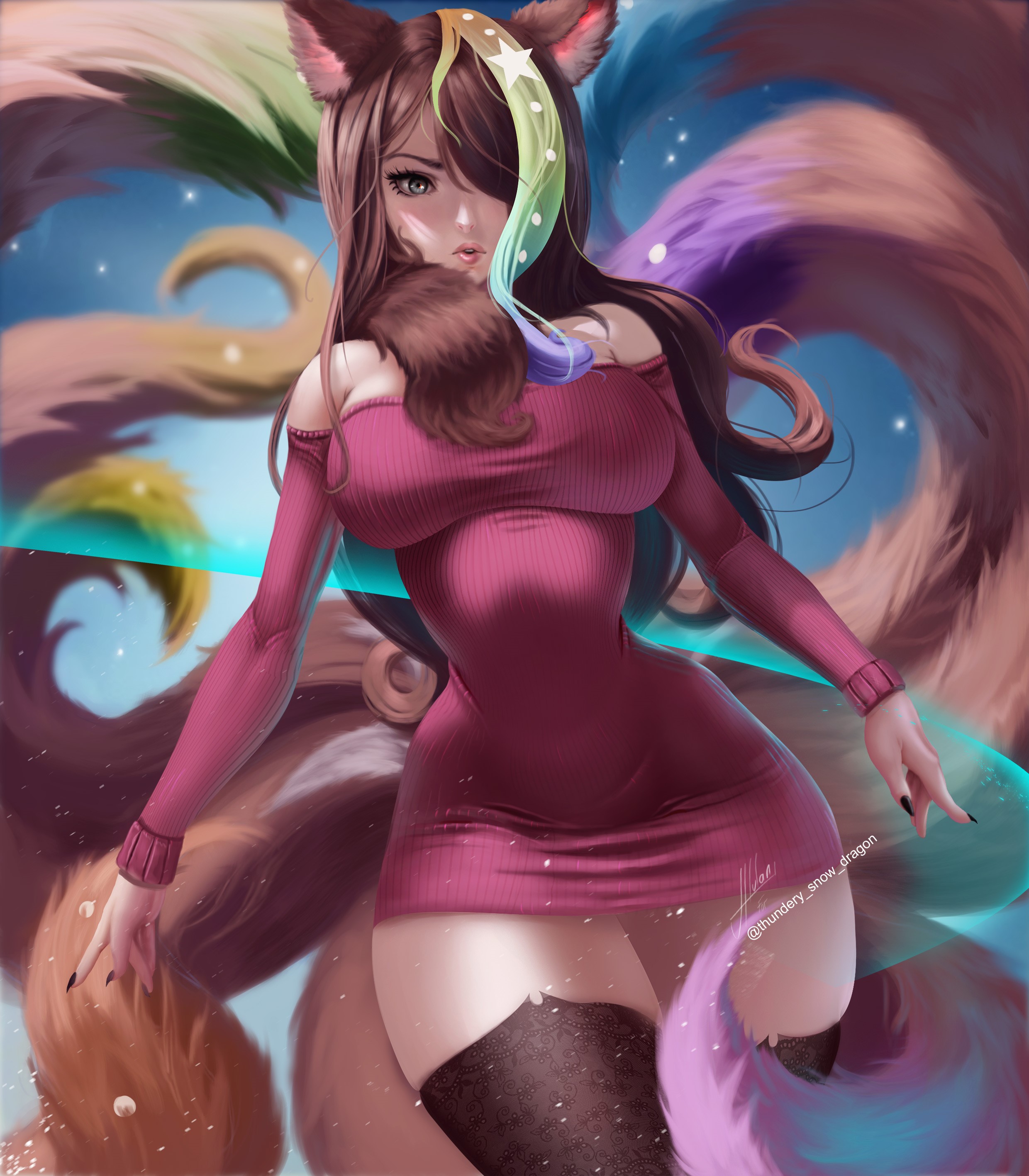 Anime girl with fox ears and tails HD Phone Wallpaper