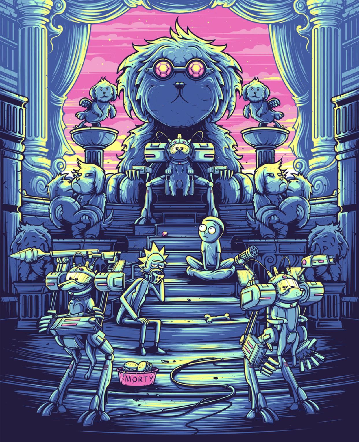 Rick and Morty with robotic dogs in a temple HD Phone Wallpaper