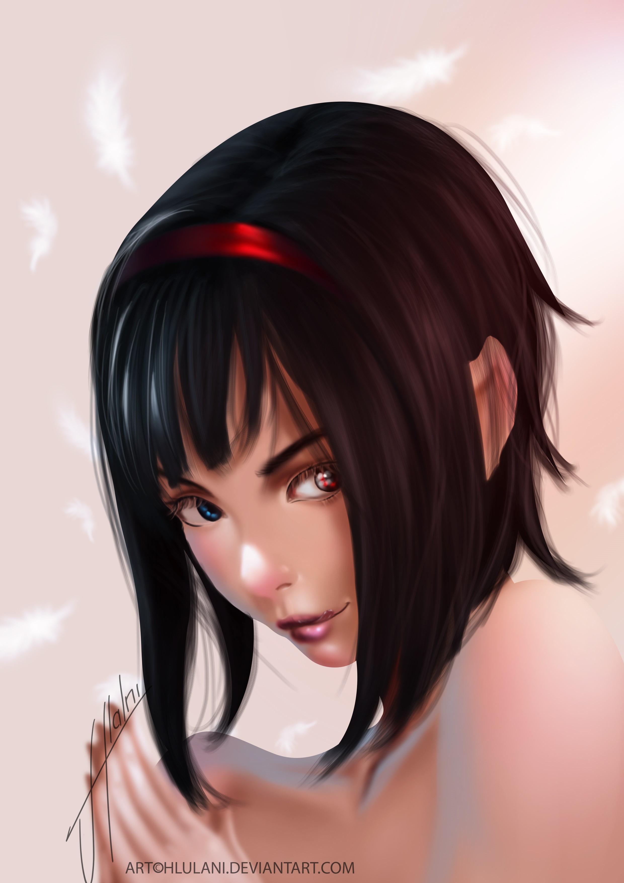 Anime girl with heterochromia and feathers HD Phone Wallpaper