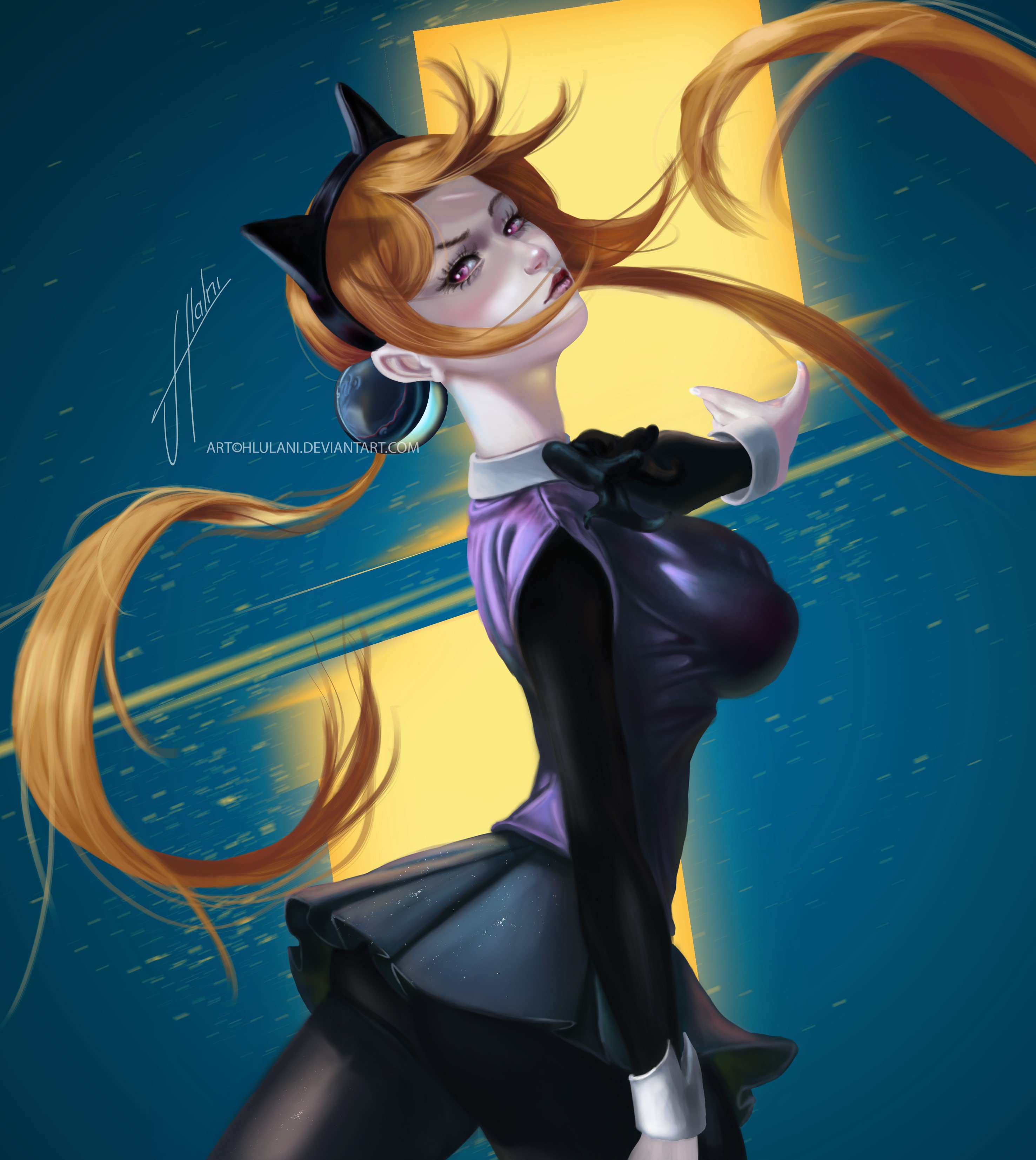 Anime girl with long orange hair and headphones HD Phone Wallpaper