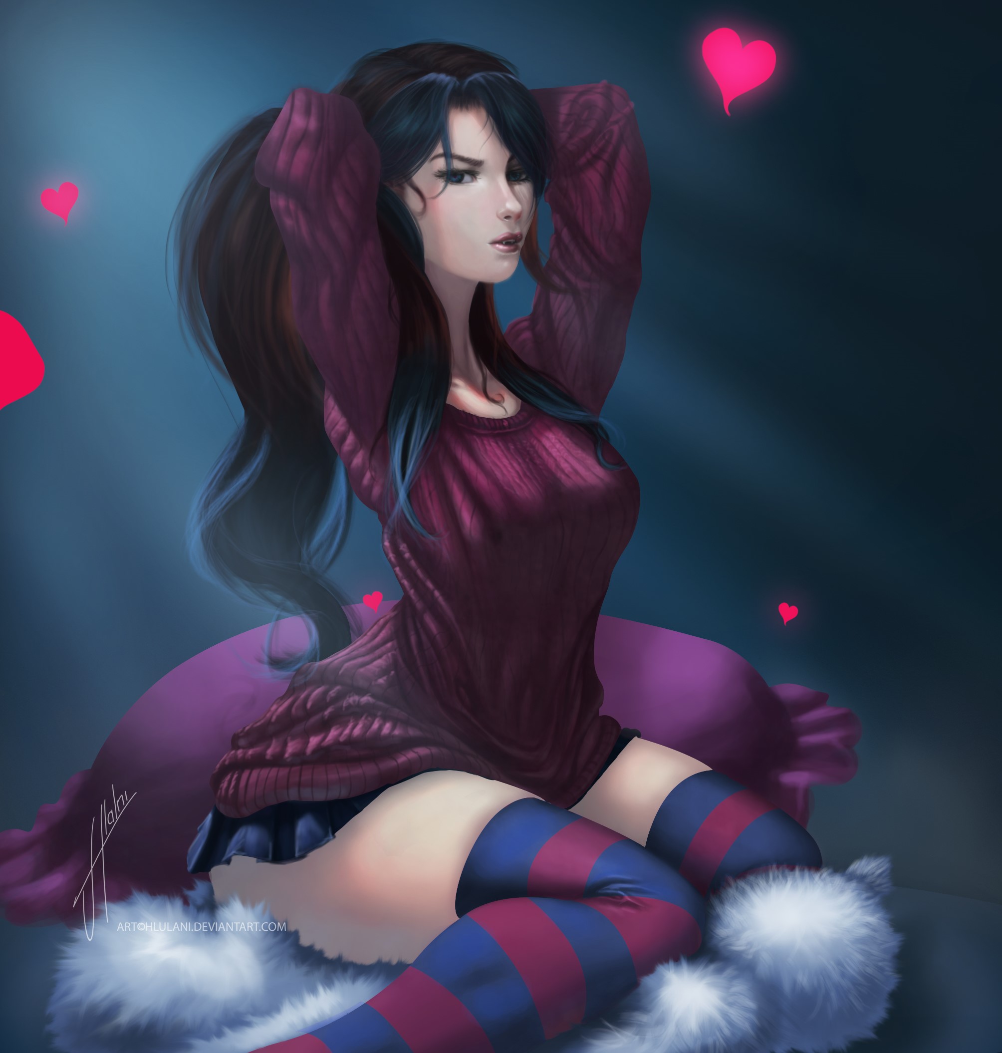 Anime girl in sweater and thigh-high socks HD Phone Wallpaper
