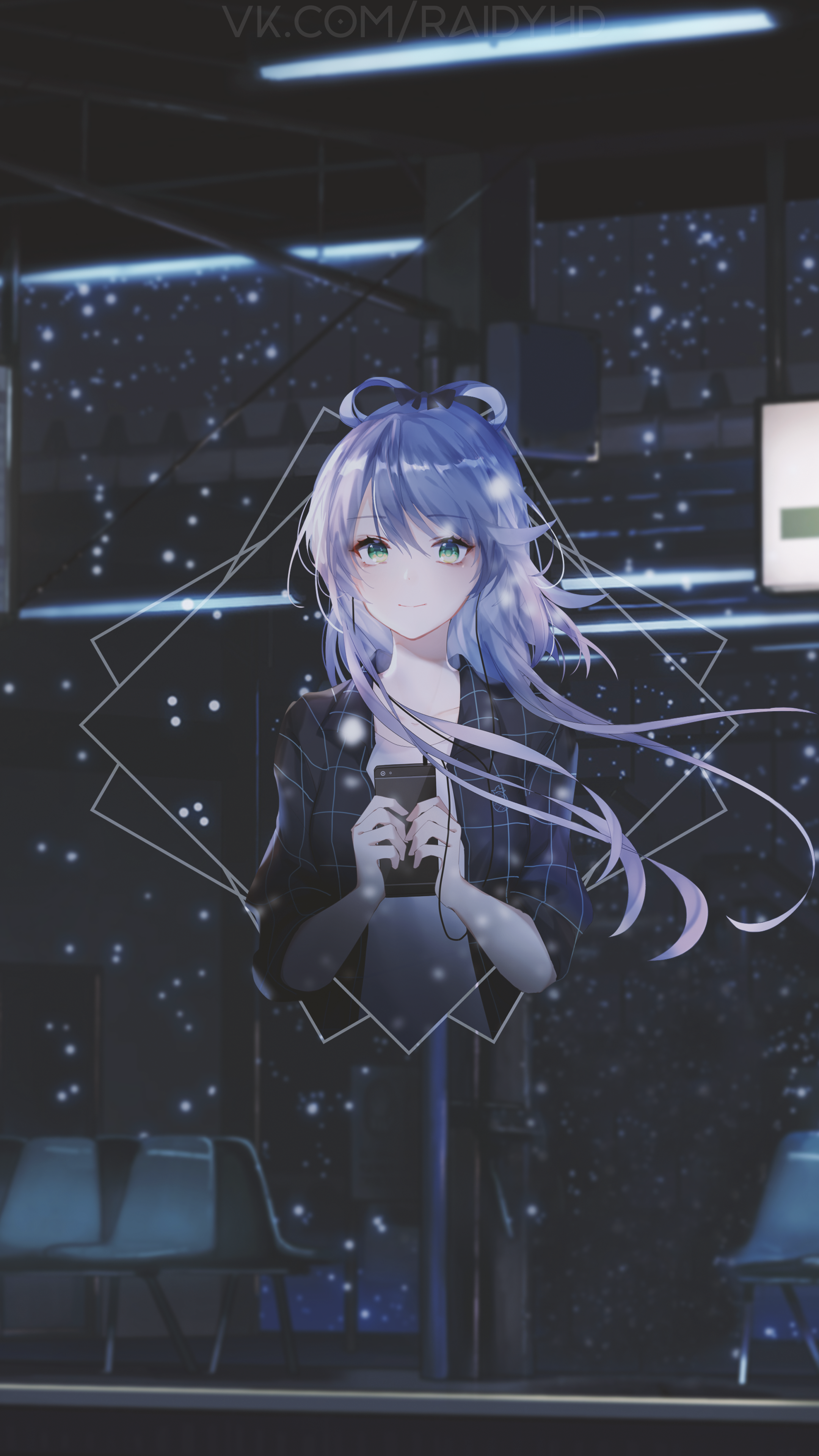 Anime girl with blue hair holding a phone HD Phone Wallpaper