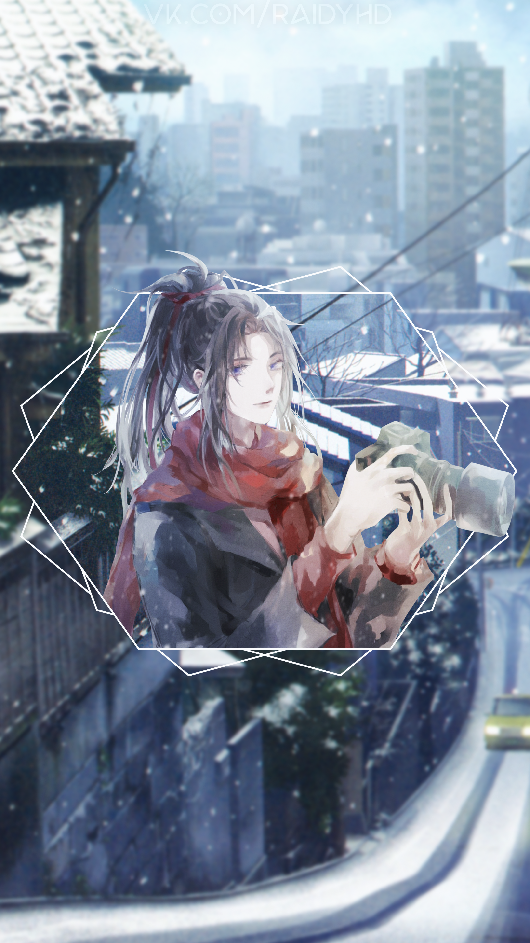Anime boy with camera in snowy city HD Phone Wallpaper
