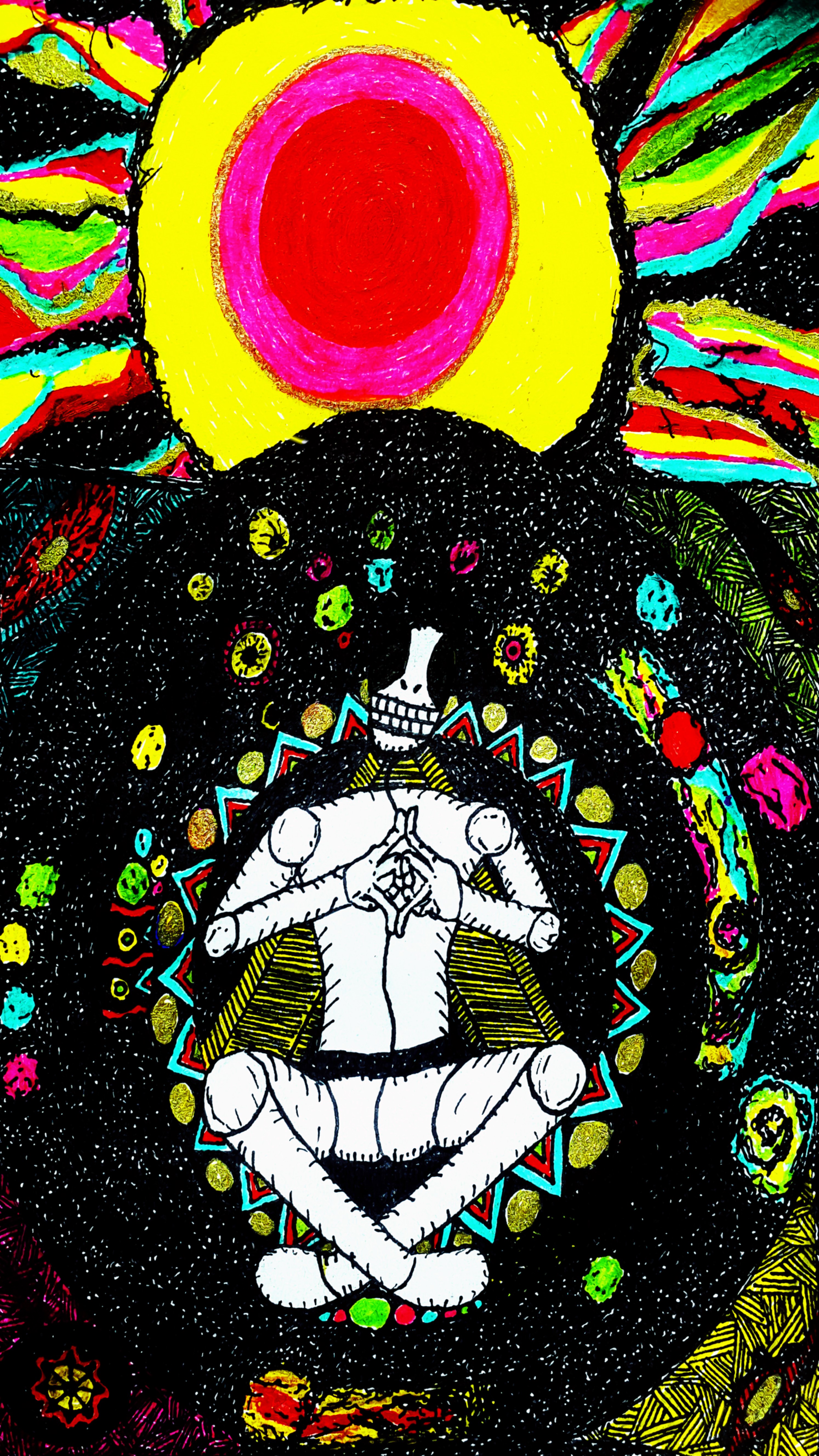 Psychedelic drawing of a skeleton meditating in space HD Phone Wallpaper