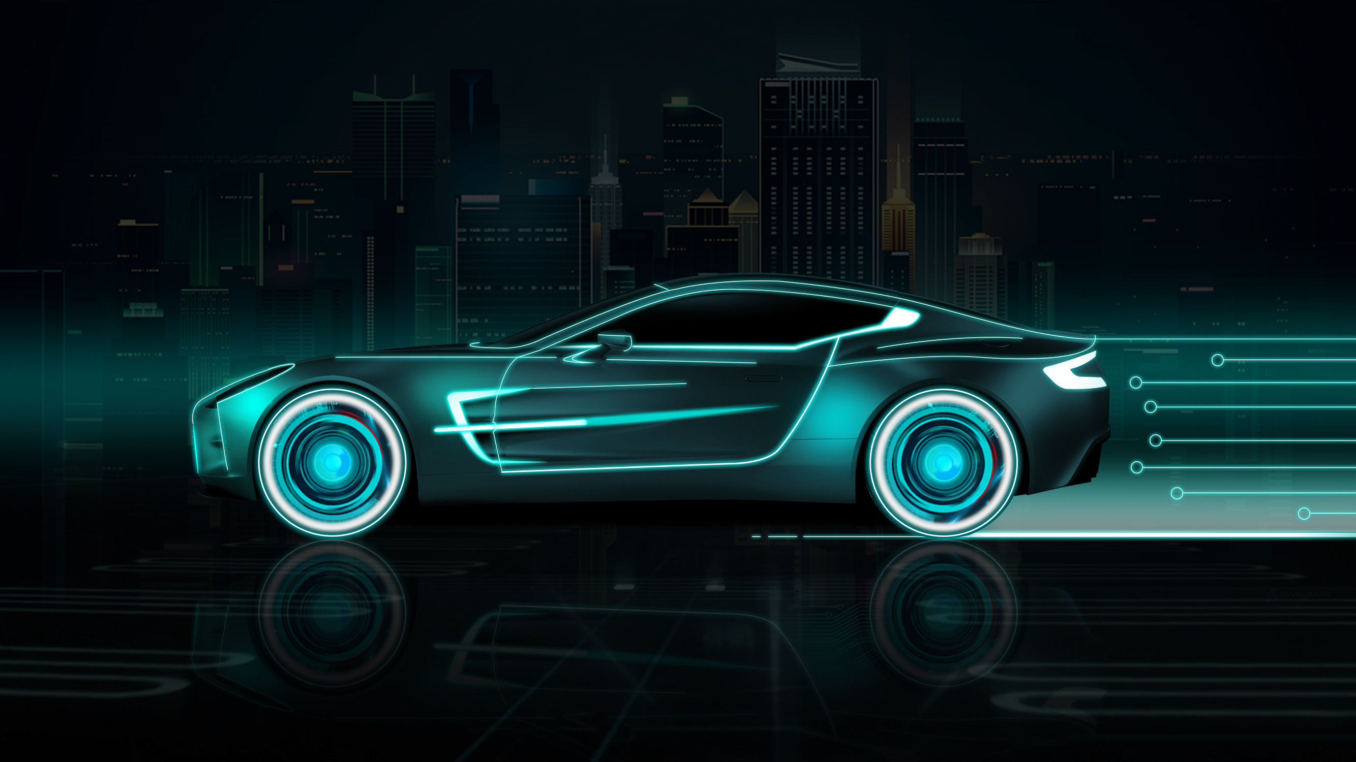 Futuristic neon supercar in a digital city HD Wallpaper