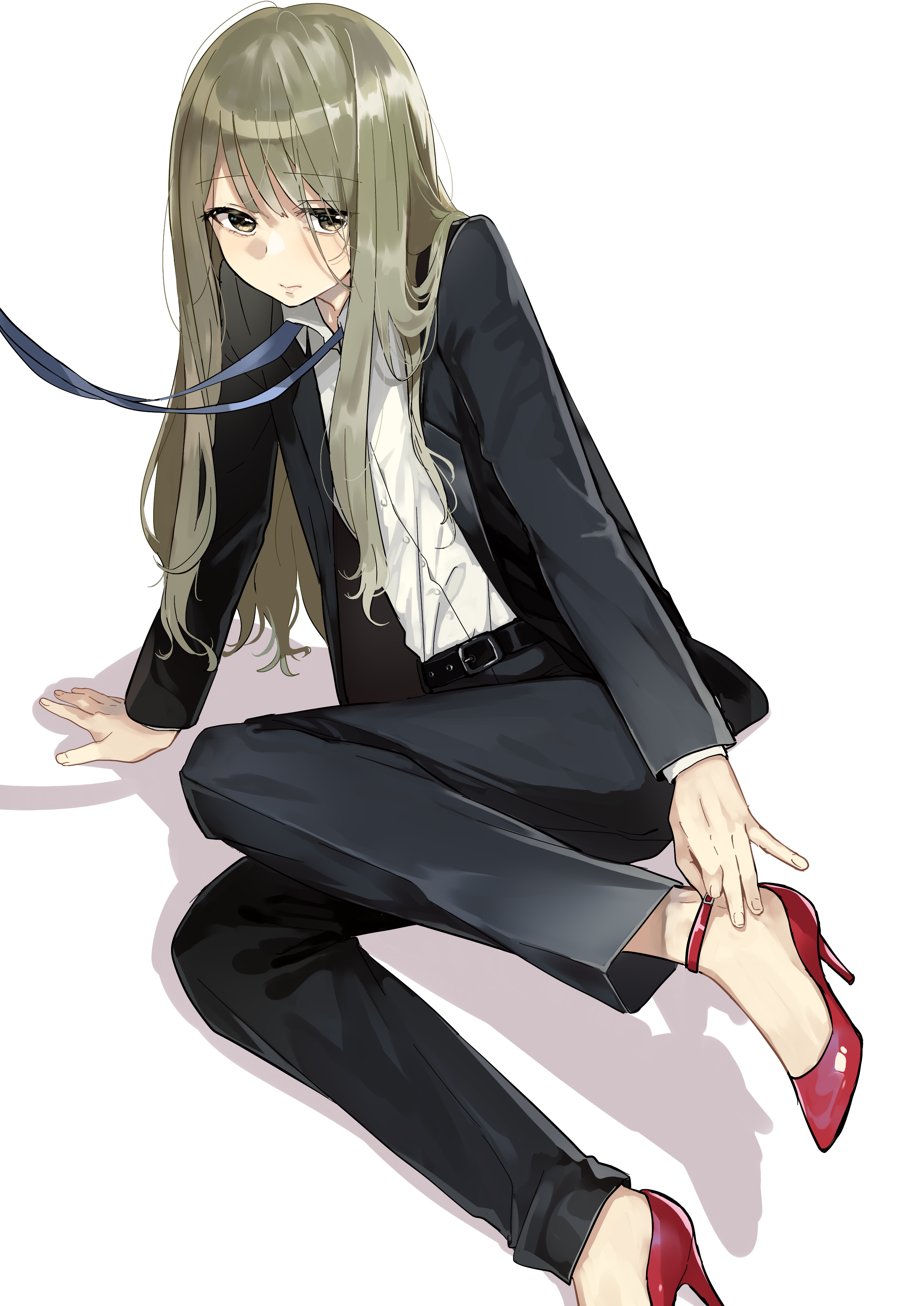 Anime girl in a suit sitting down HD Phone Wallpaper