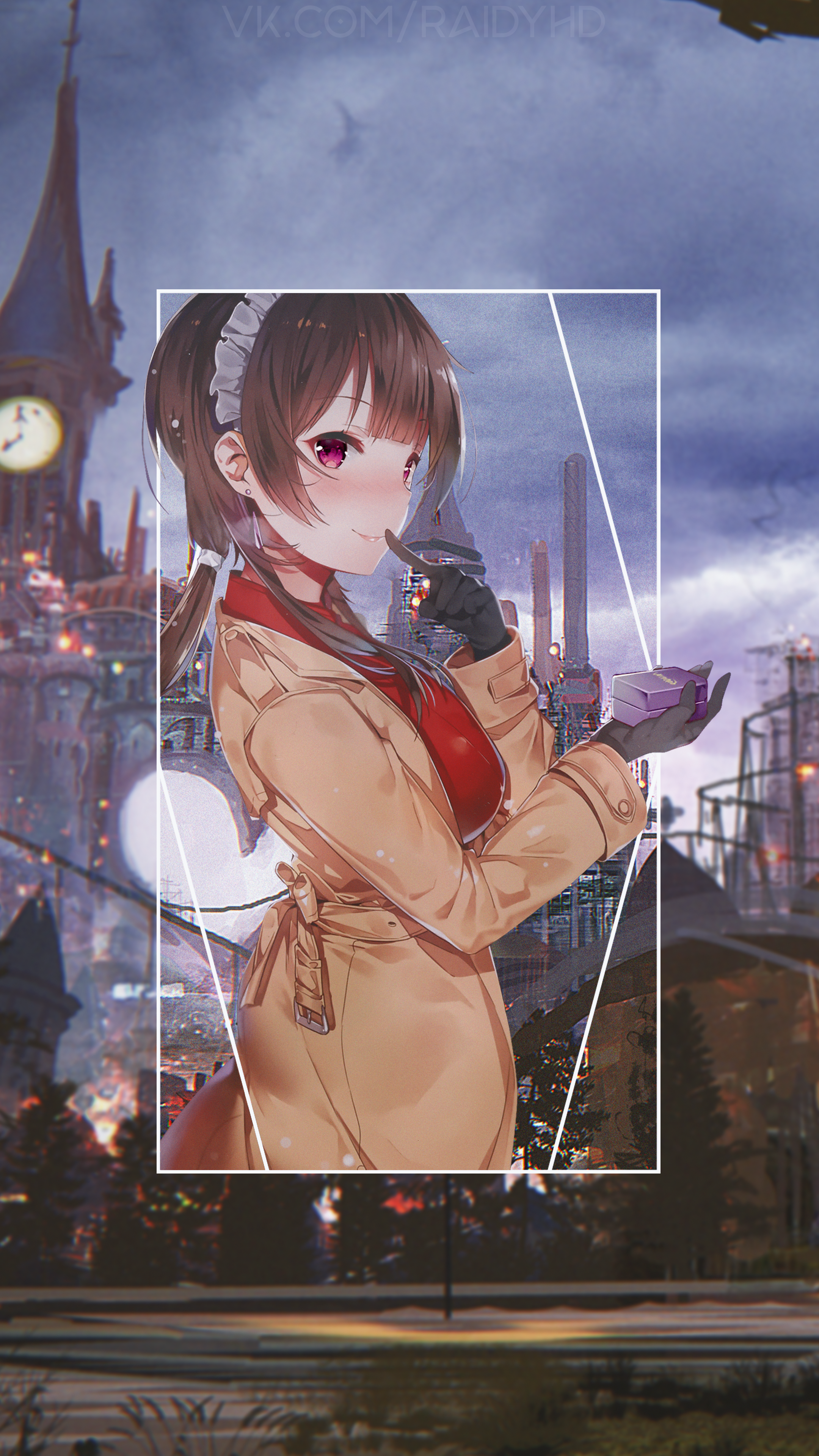 Anime girl in a trench coat holding a gift HD Phone Wallpaper