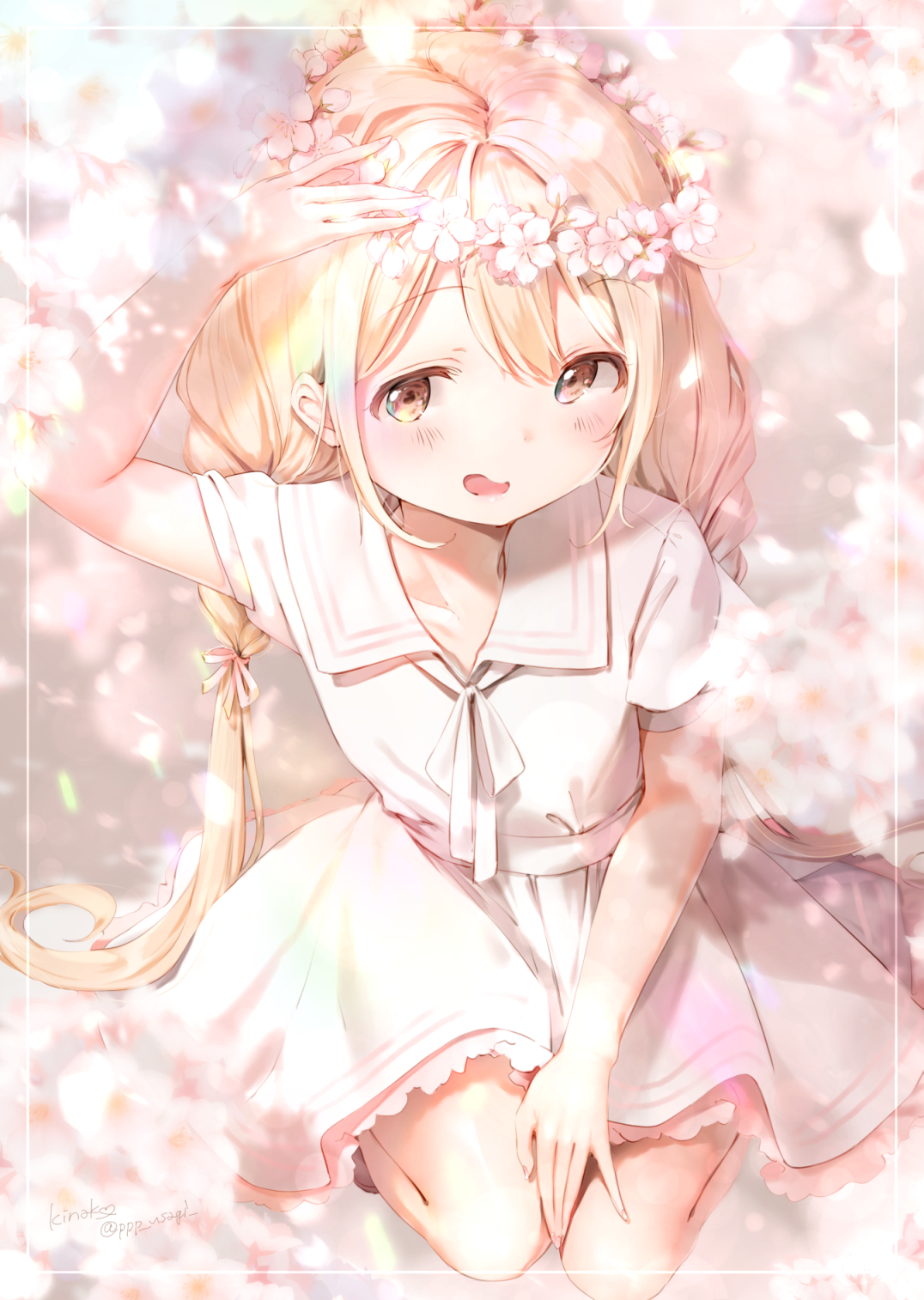 Anime girl with flower crown kneeling among cherry blossoms HD Phone Wallpaper