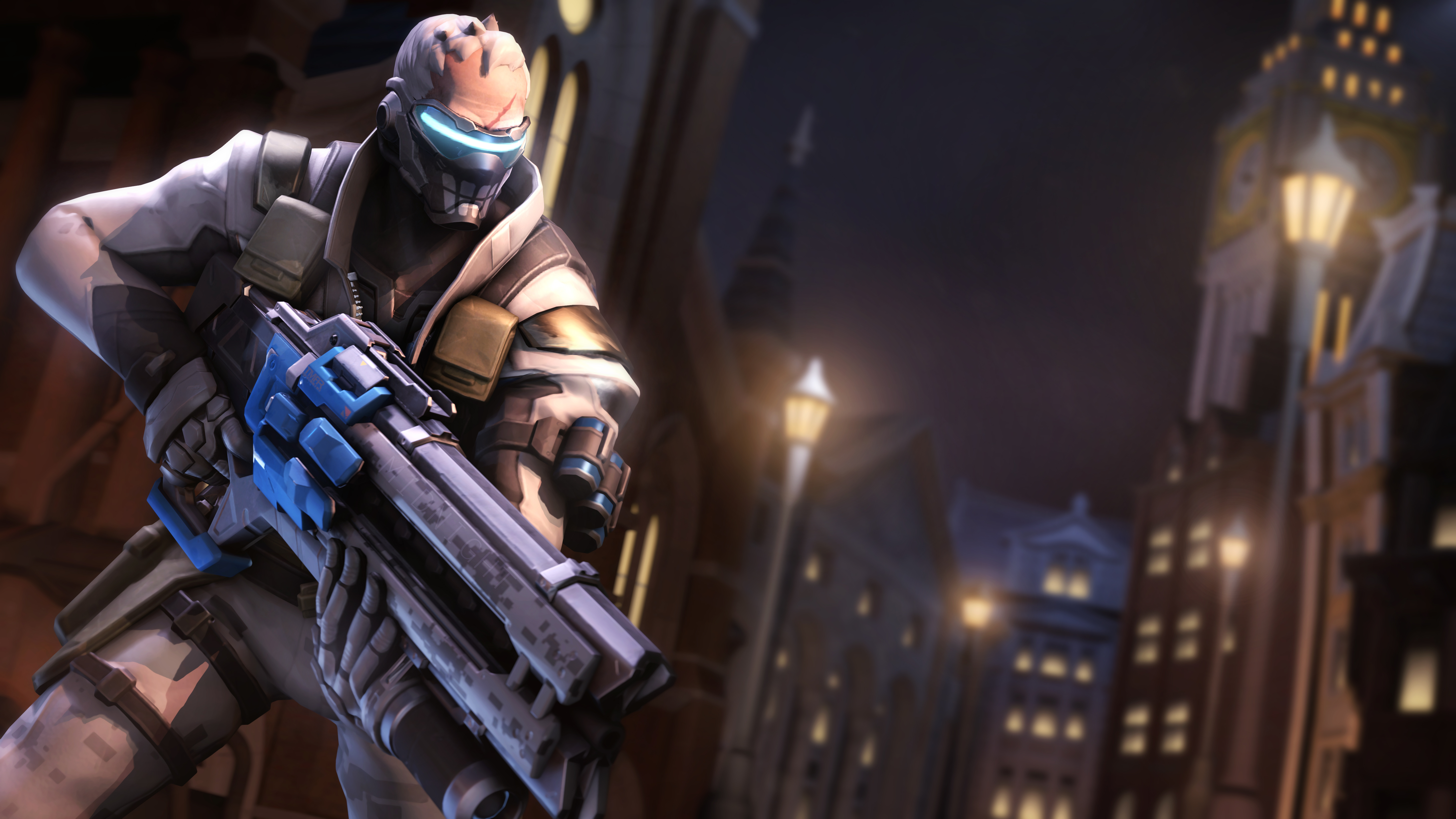 Soldier: 76 from Overwatch in a city at night HD Wallpaper