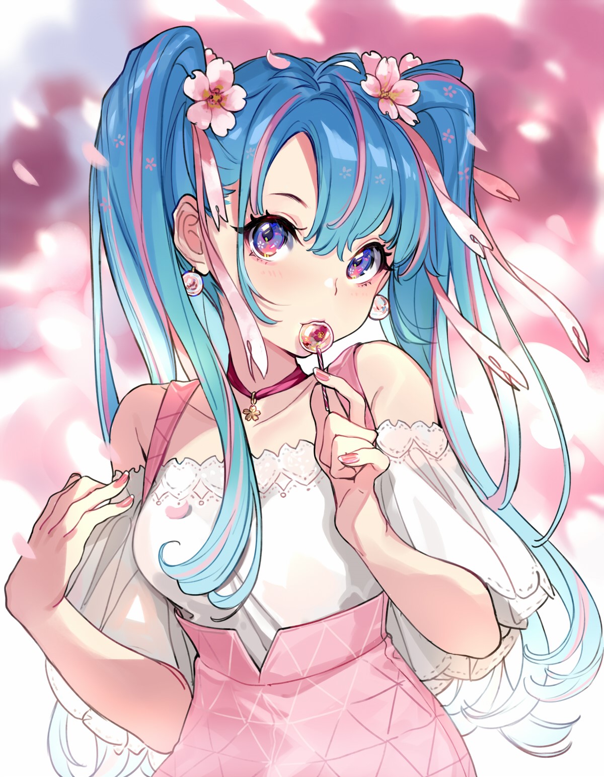 Anime girl with blue hair and cherry blossoms HD Phone Wallpaper