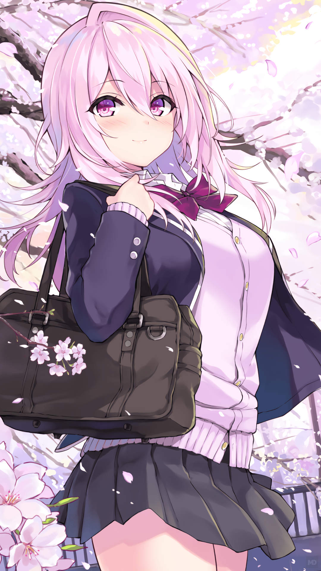 Anime girl with pink hair and school uniform HD Phone Wallpaper