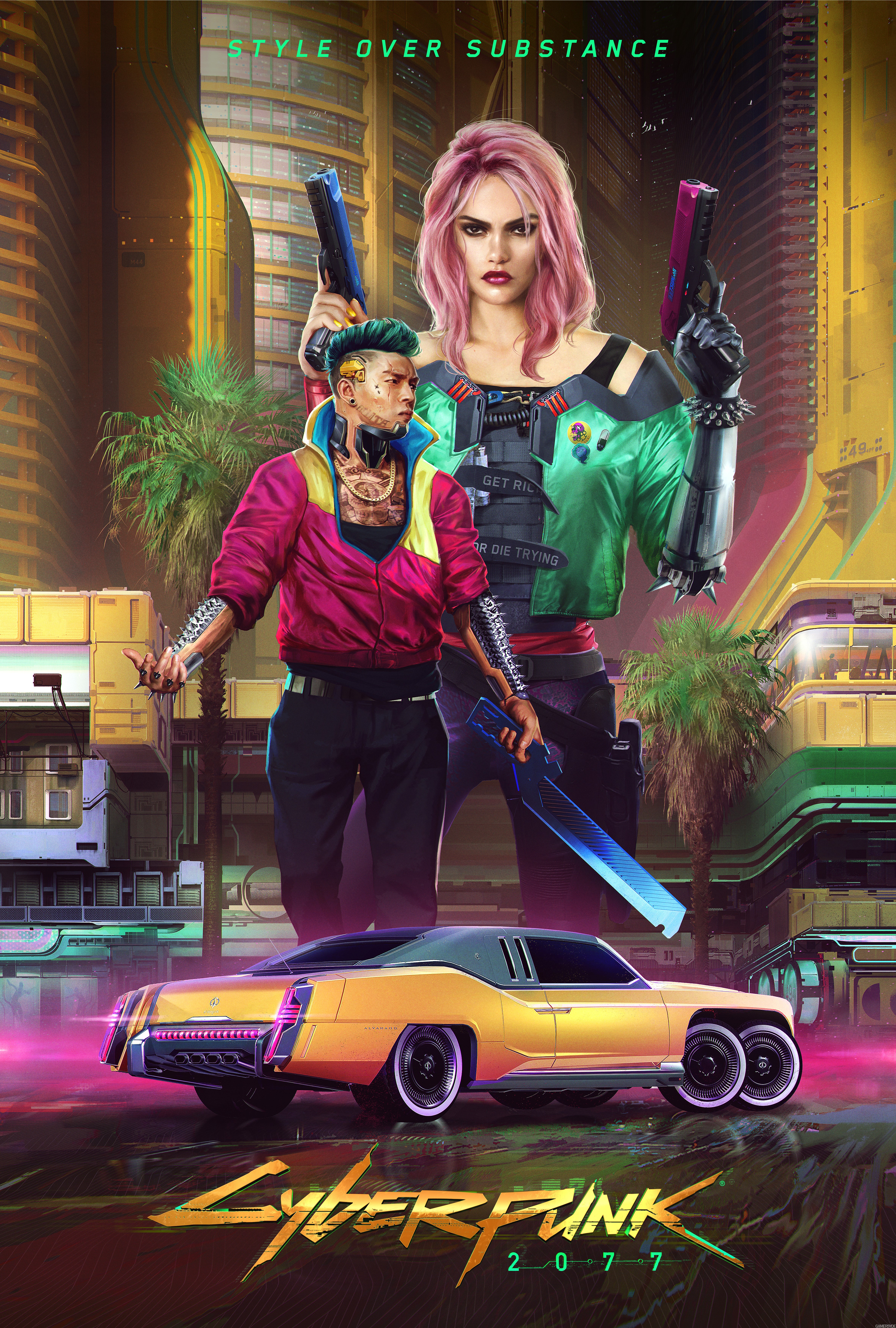 Cyberpunk 2077 characters with guns and car HD Phone Wallpaper