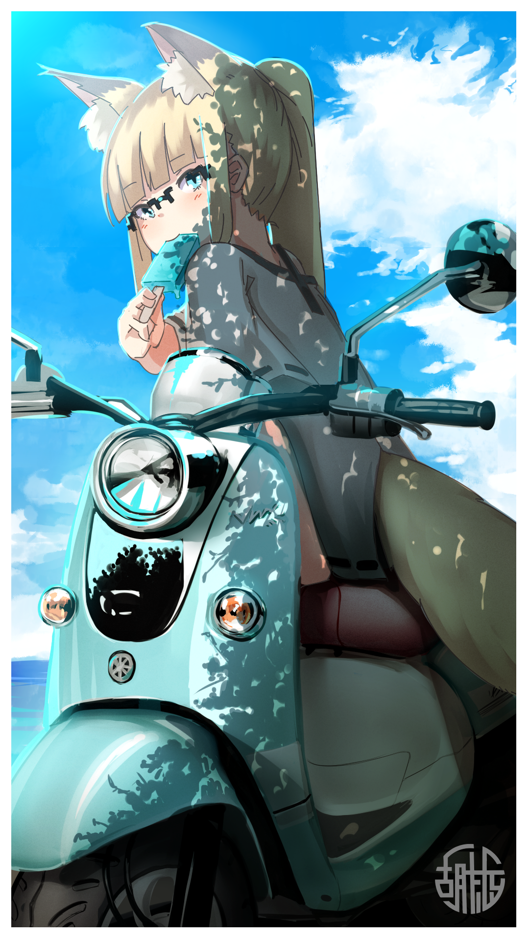 Fox girl on a scooter eating ice cream HD Phone Wallpaper