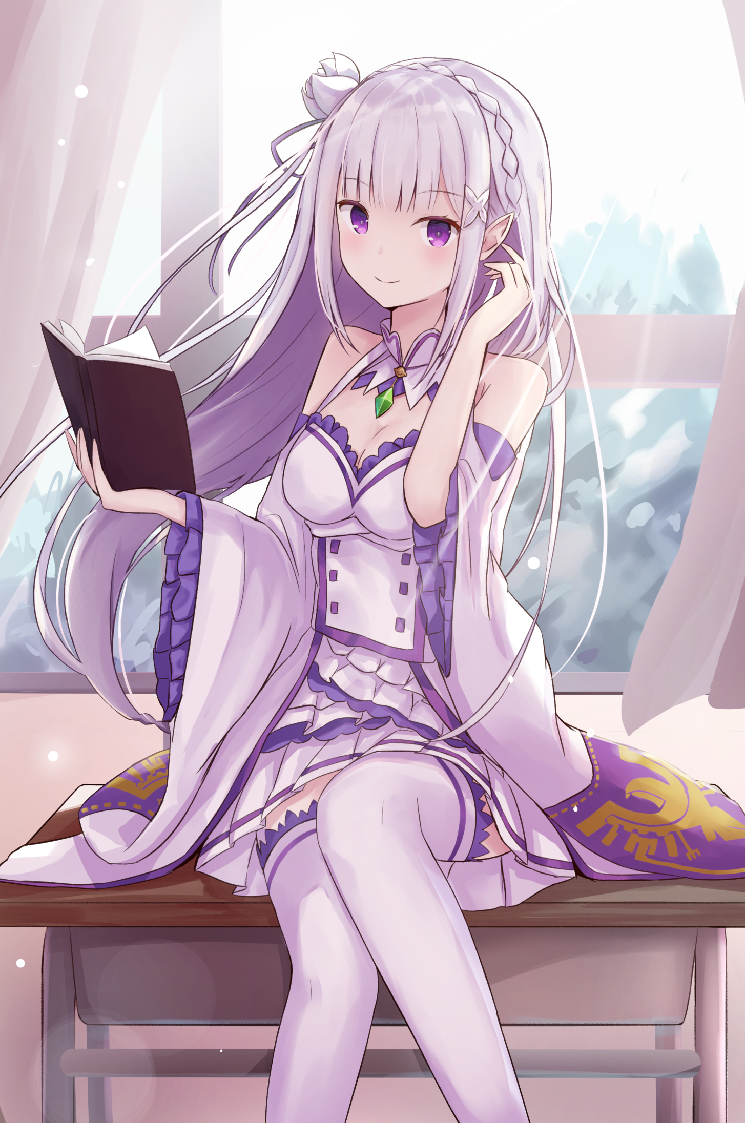Emilia from Re:Zero reading a book HD Phone Wallpaper