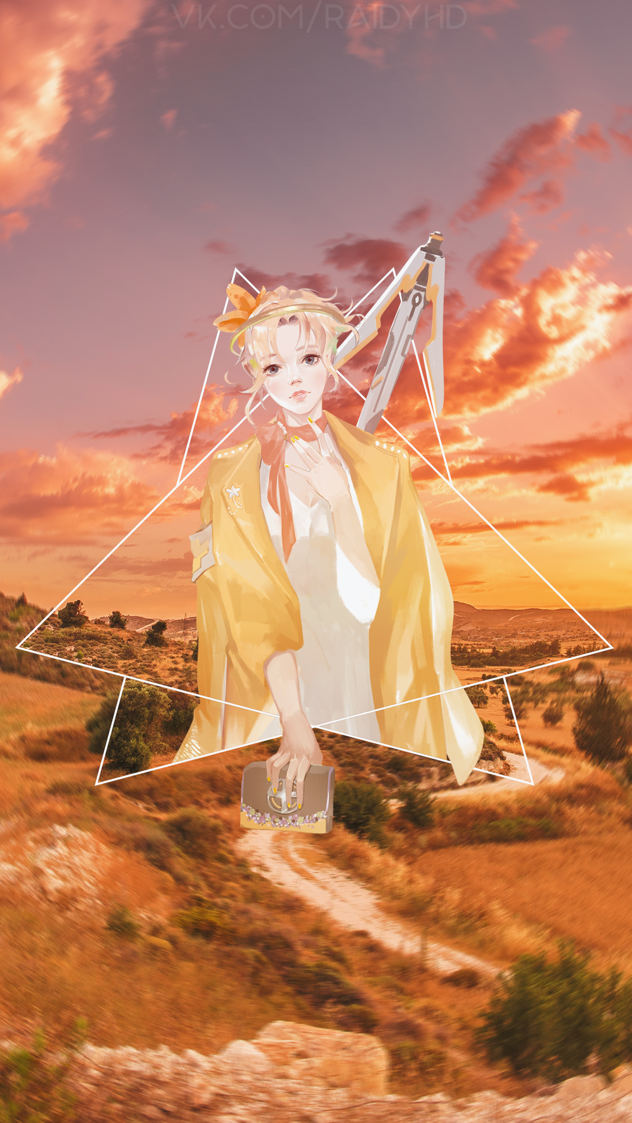 Anime girl with sword and purse in landscape HD Phone Wallpaper